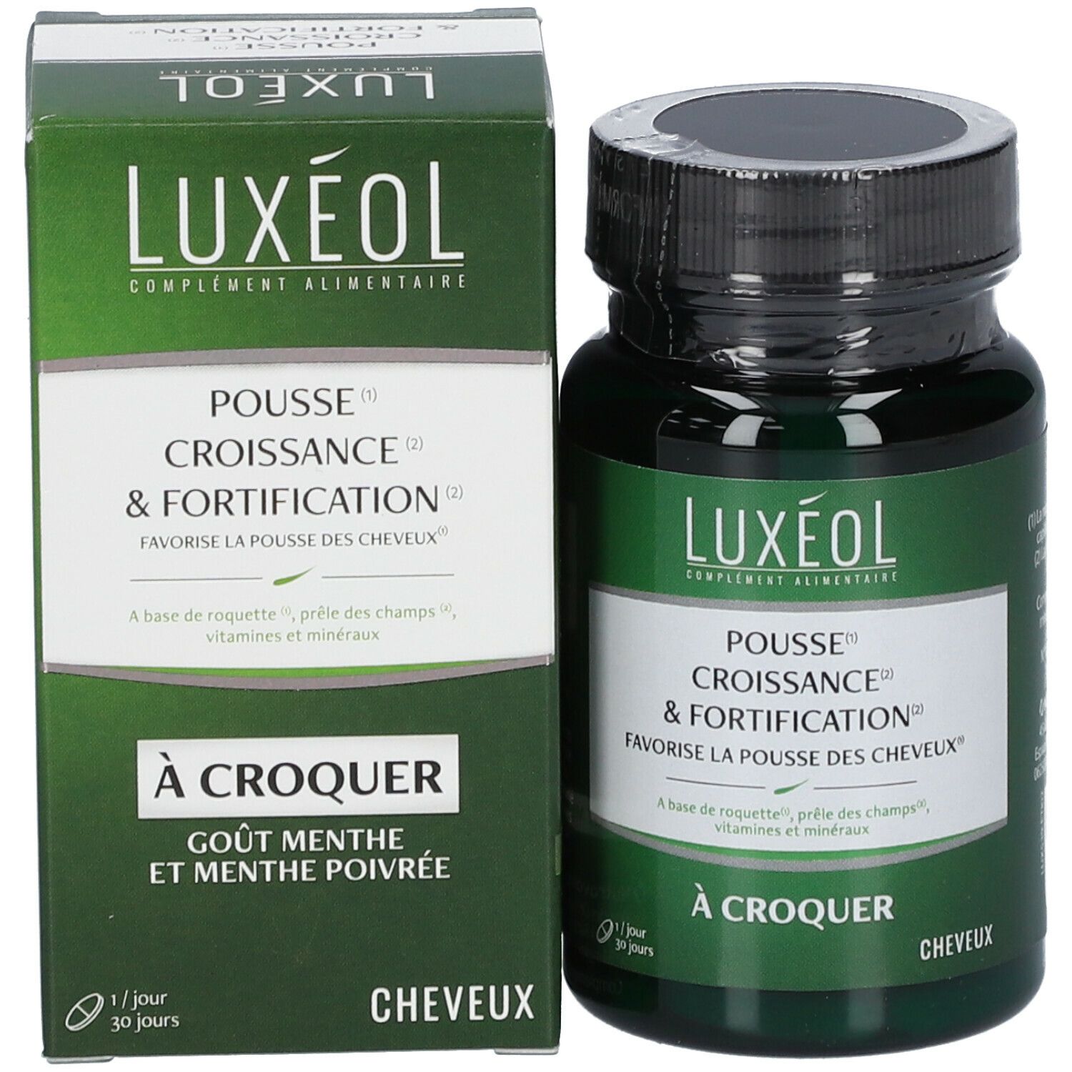 Grüne LUXÉOL-Flasche und Schachtel. Aufschrift: Pousse, Croissance & Fortification. Kapseln für das Haarwachstum. Geschmack: Minze.