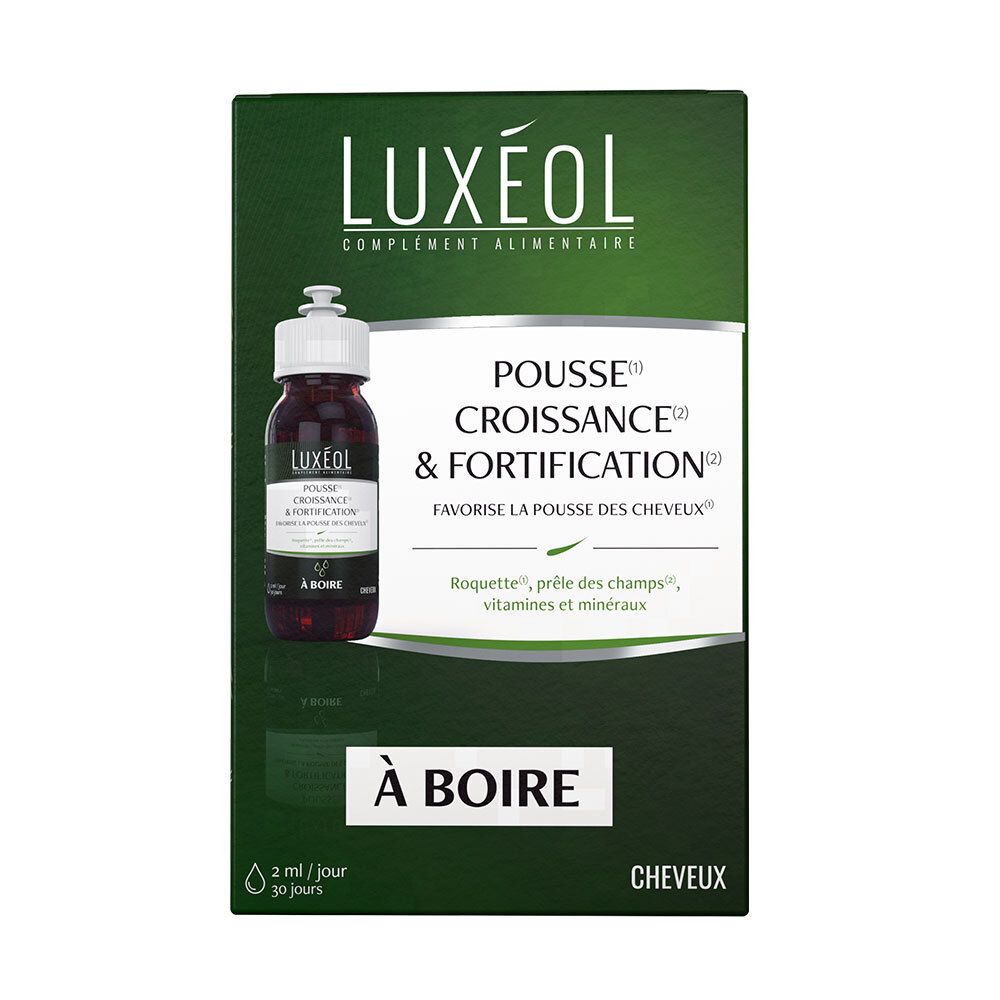 Boîte avec flacon. Inscription: LUXÉOL, Pousse, Croissance & Fortification. Flacon avec bouchon blanc, liquide visible.