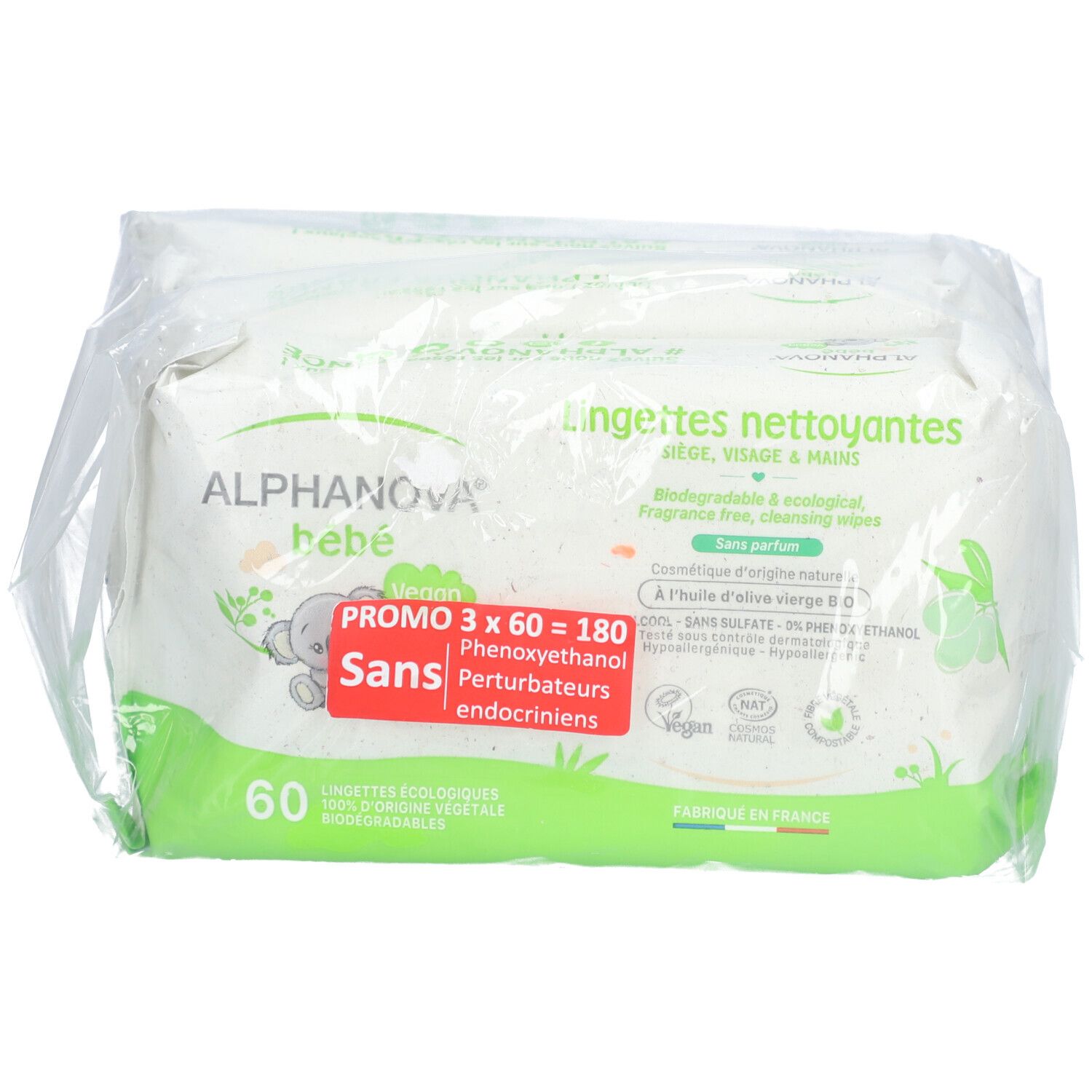 Alphanova Bébé Lingettes Nettoyantes Sans Parfum à l'Huile d'Olive Vierge Bio