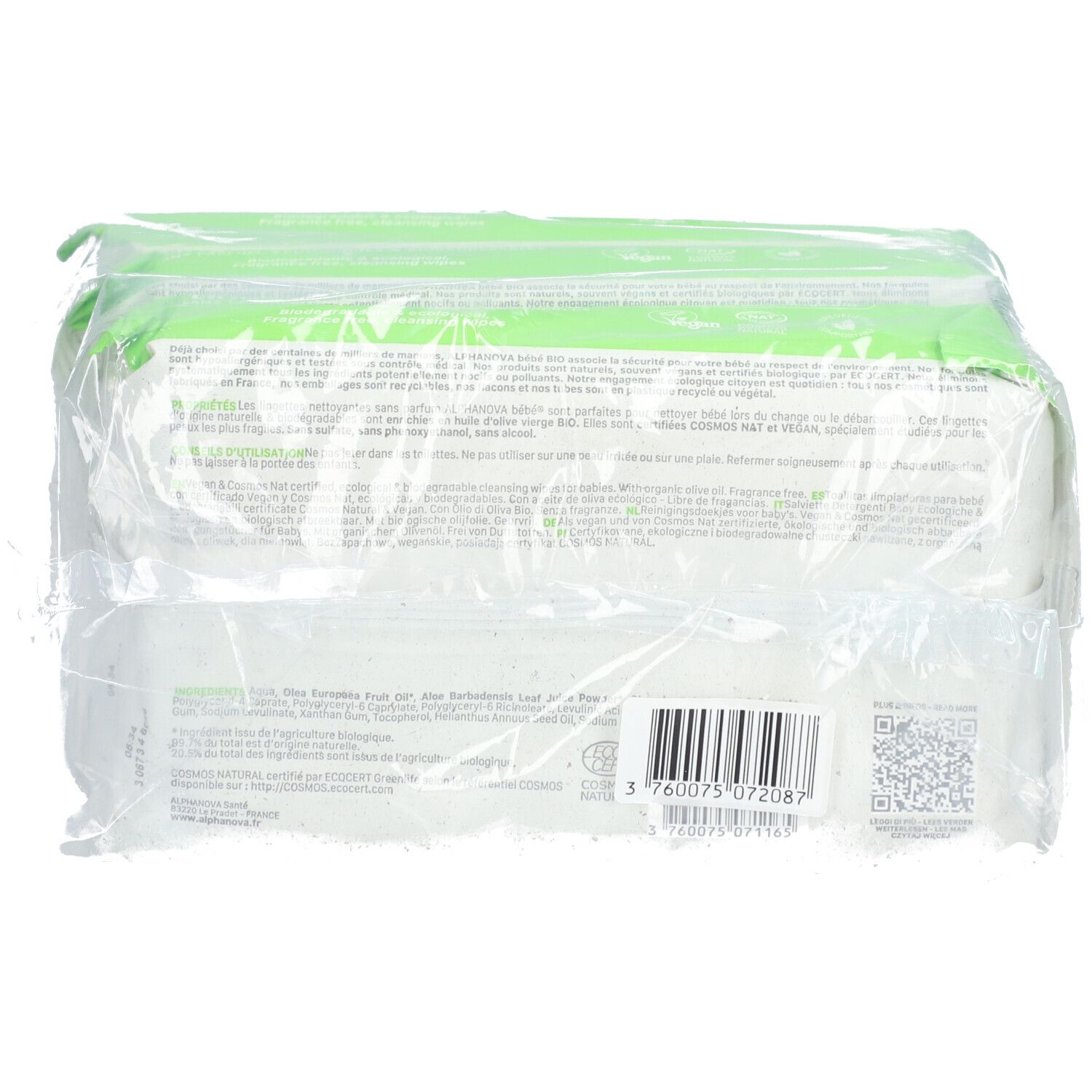 Alphanova Bébé Lingettes Nettoyantes Sans Parfum à l'Huile d'Olive Vierge Bio