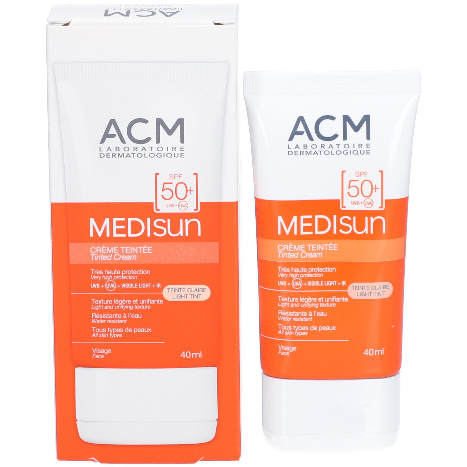 ACM Médisun Getönte Creme SPF 50+ mit Verpackung. Tube und Schachtel. SPF 50+ und Produktname deutlich sichtbar.