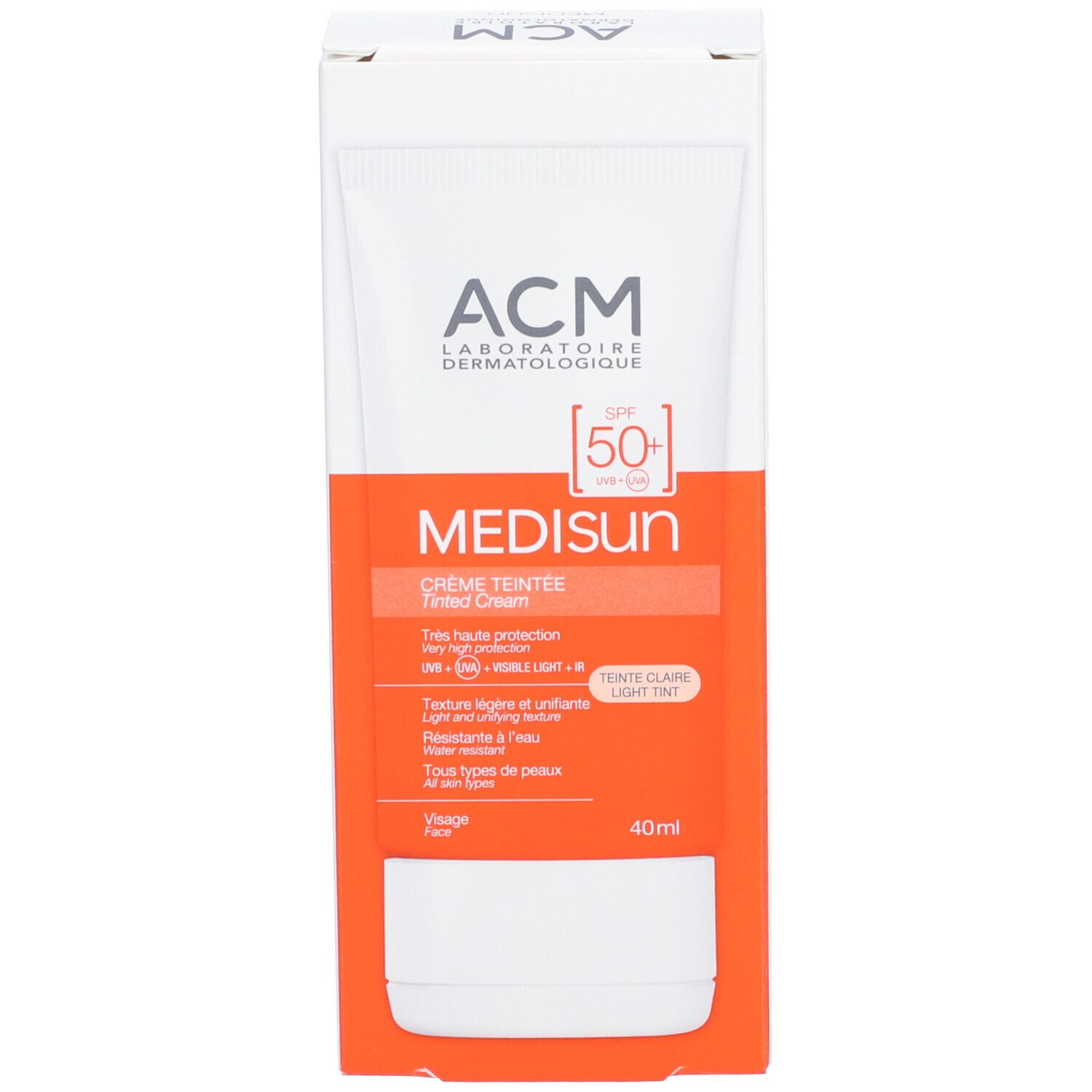 Verpackung ACM Médisun Getönte Creme SPF 50+. Weiße Schachtel mit orangefarbenem Band. SPF 50+ und Produktname sichtbar.