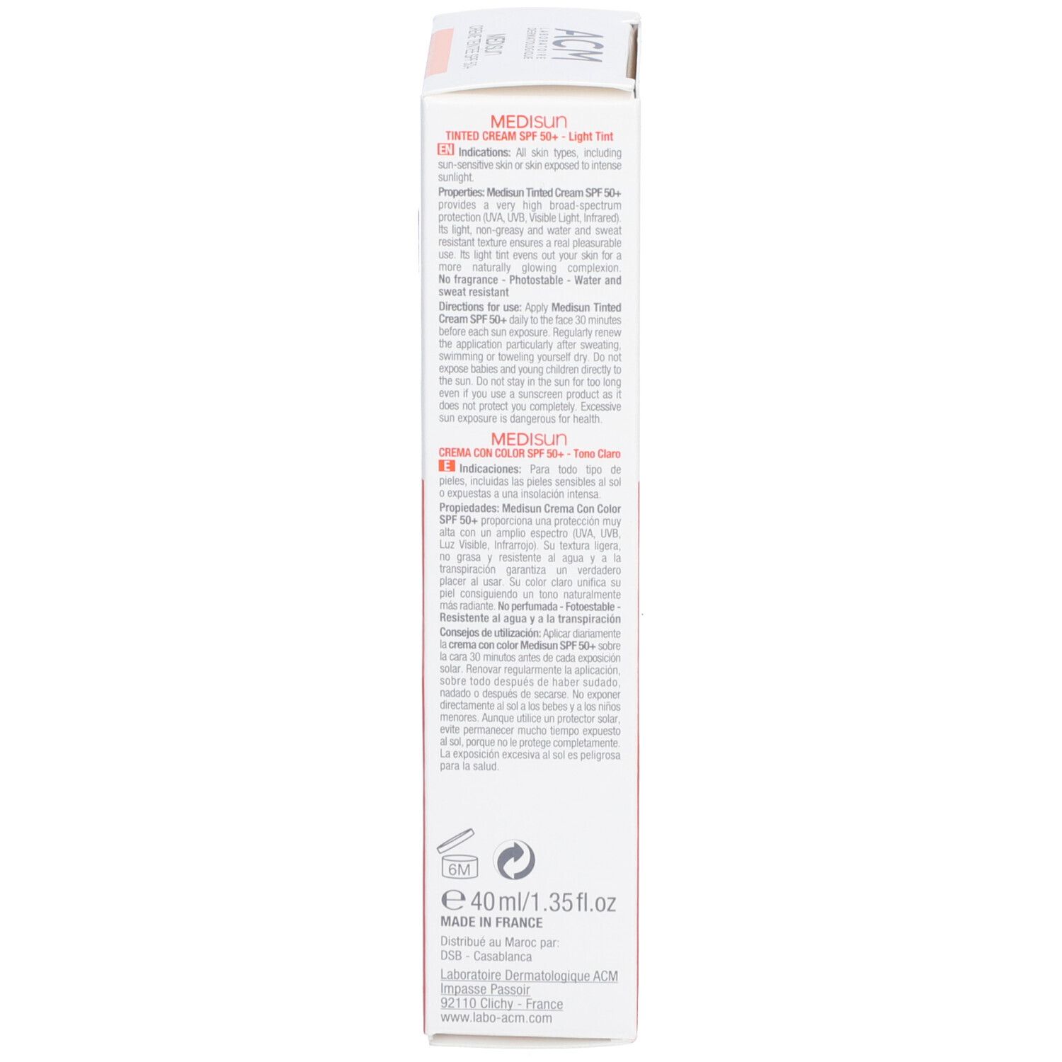 Rückseite der Verpackung ACM Médisun Getönte Creme SPF 50+. Text und Inhaltsstoffe. Hergestellt in Frankreich.