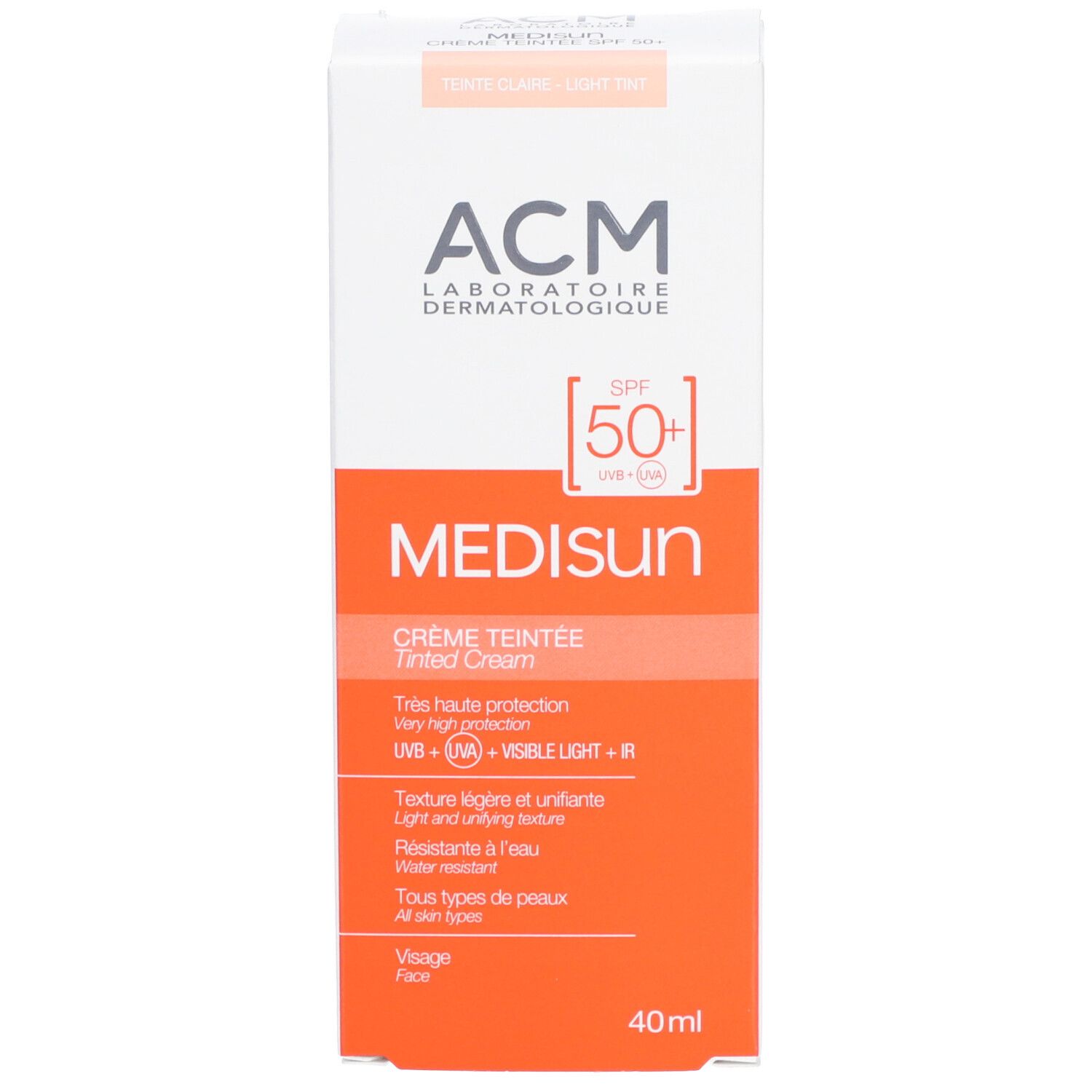Verpackung ACM Médisun Getönte Creme SPF 50+. Weiße Schachtel mit orangefarbenem Band. SPF 50+ und Produktname sichtbar.