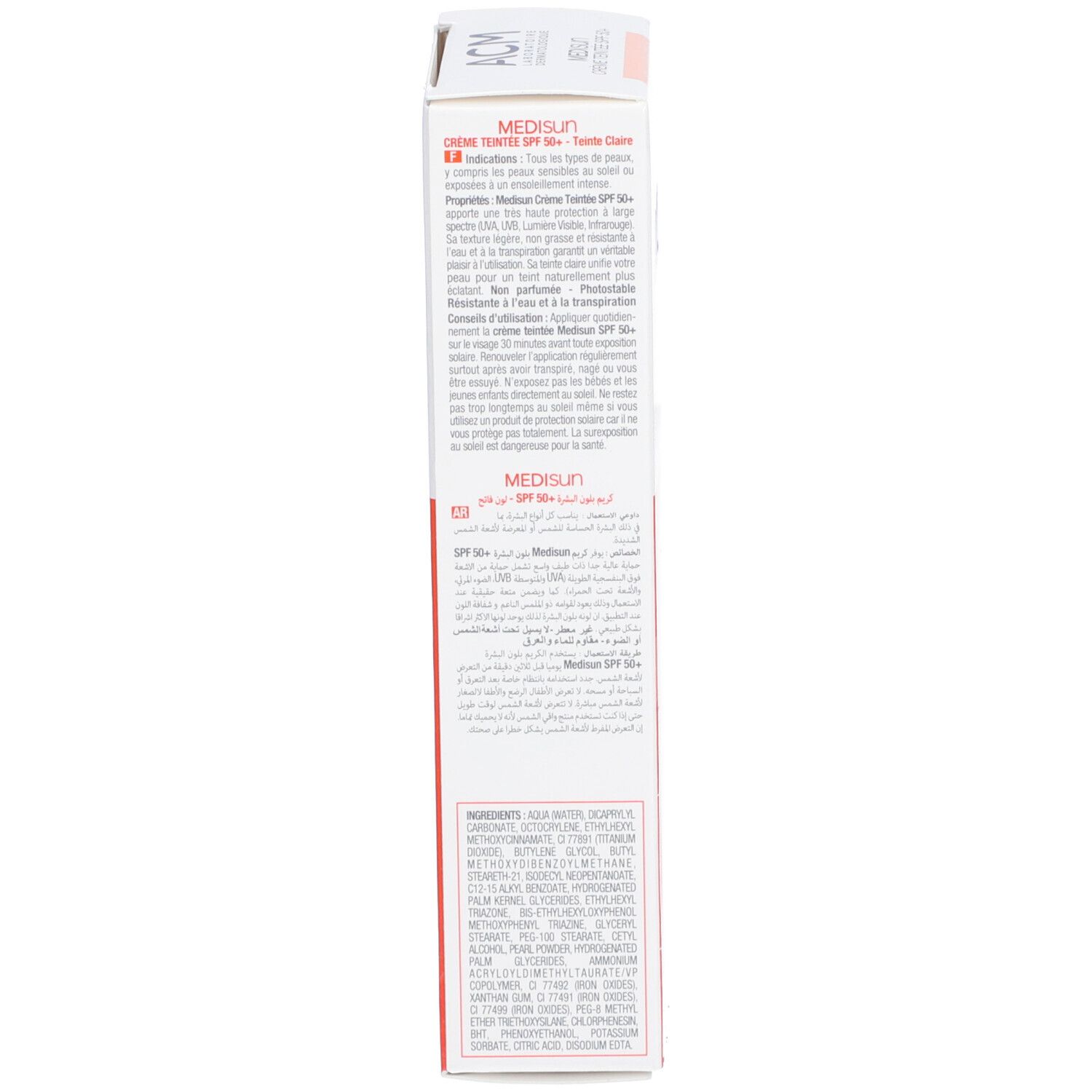 Rückseite der Verpackung ACM Médisun Getönte Creme SPF 50+. Text und Inhaltsstoffe. Hergestellt in Frankreich.
