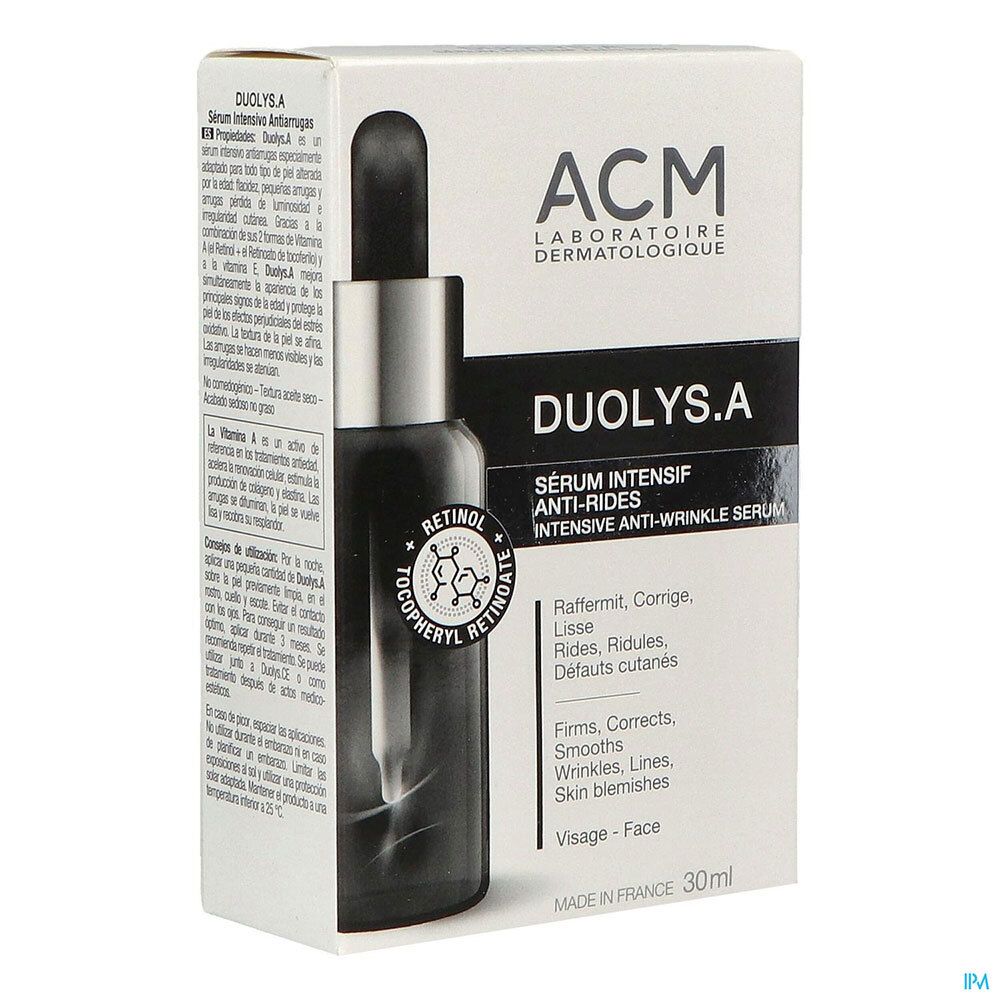 Schachtel mit Serumflasche. Aufschrift: DUOLYS.A, Sérum Intensif Anti-Rides. Marke: ACM.