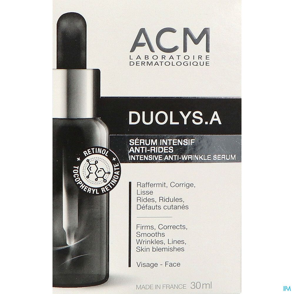 Serumflasche und Schachtel. Aufschrift: DUOLYS.A, Sérum Intensif Anti-Rides. Marke: ACM.
