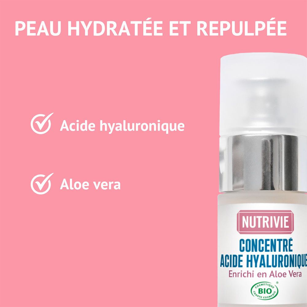 Nutrivie Hyaluronsäure Konzentrat, angereichert mit Aloe Vera, mit Etikett.