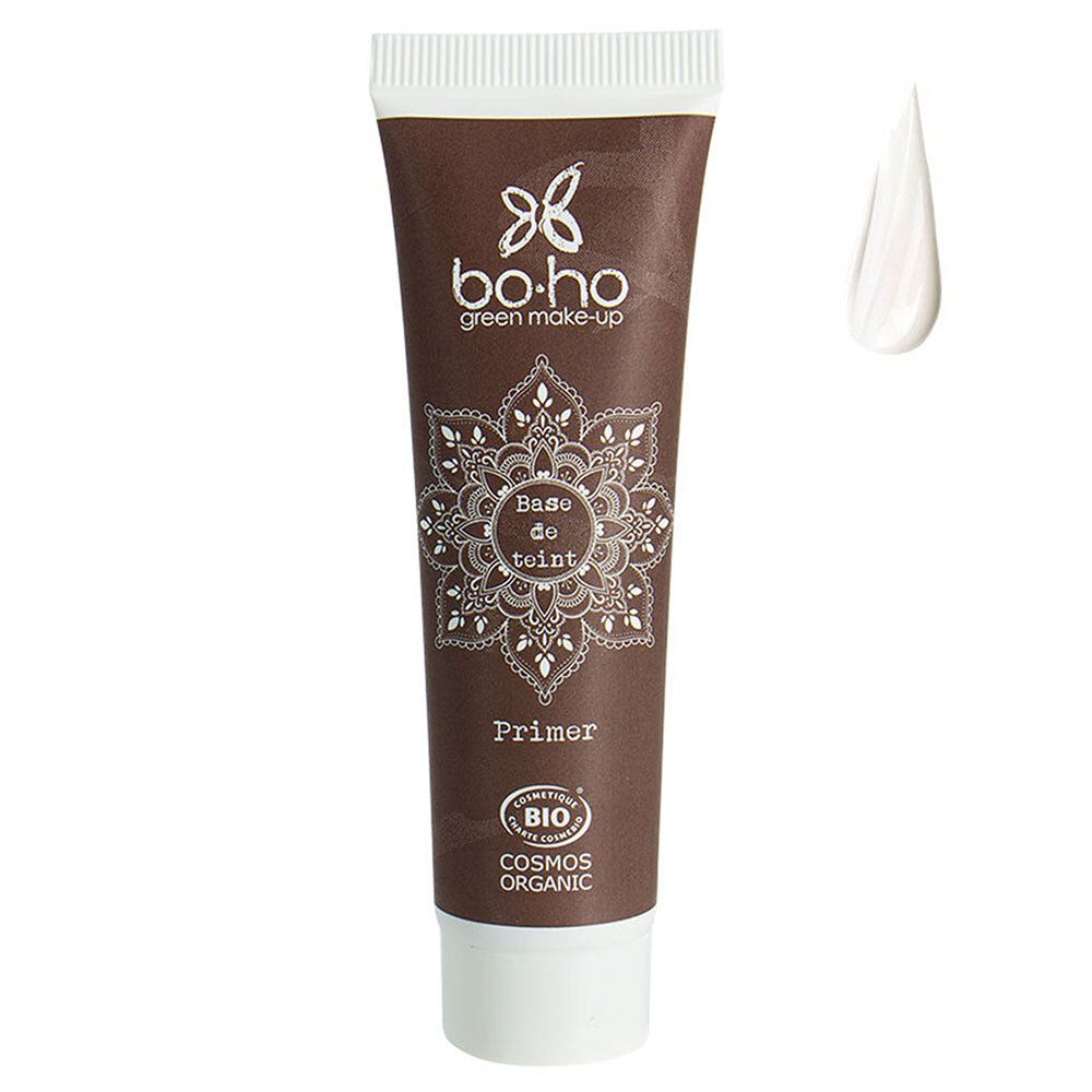 Braune Tube mit weißem Deckel. Aufschrift: BOHO green make-up, Base de teint, Primer. Bio-Zertifizierung und Produkt-Tropfen.