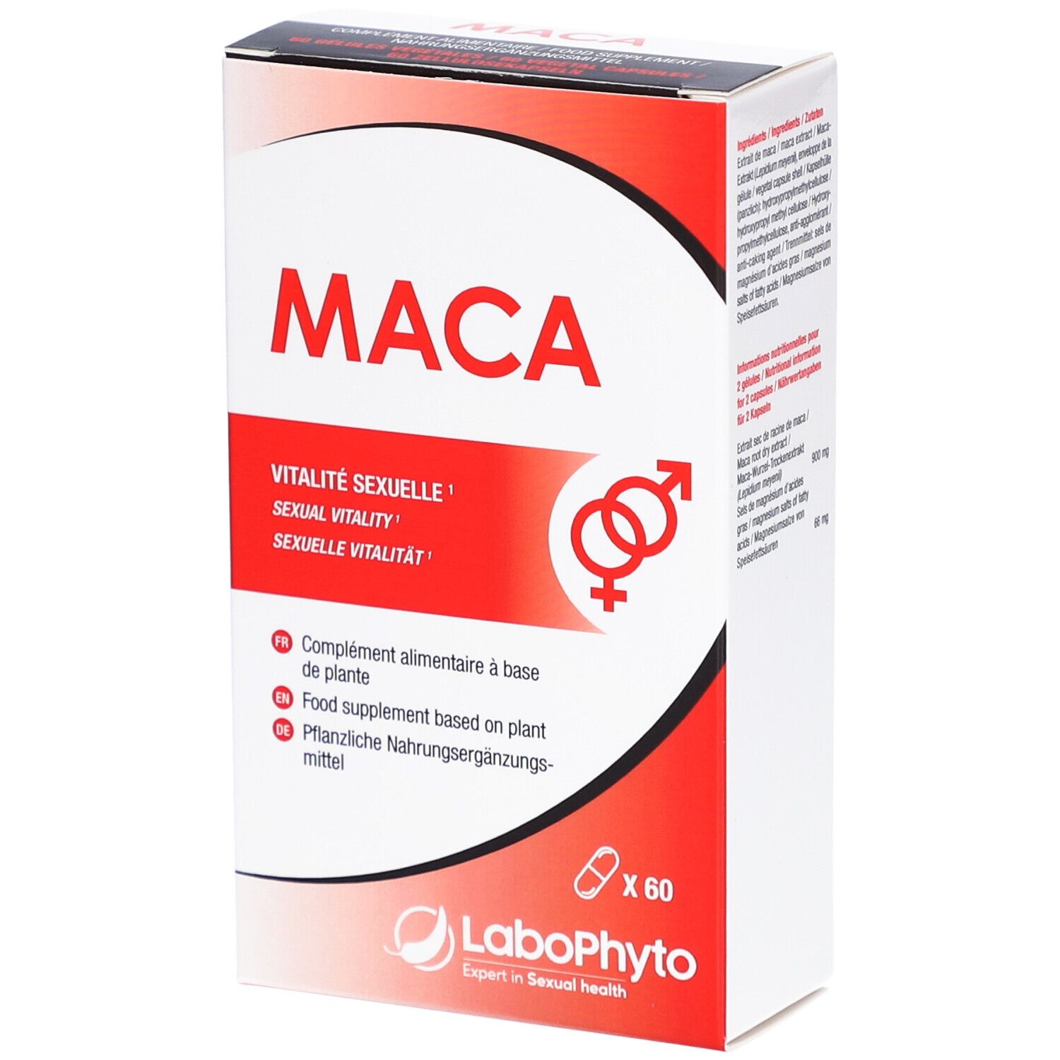 Boîte blanche et rouge. Inscription: MACA, Vitalité Sexuelle, Sexual Vitality, Sexuelle Vitalität. 60 gélules. Logo LaboPhyto.