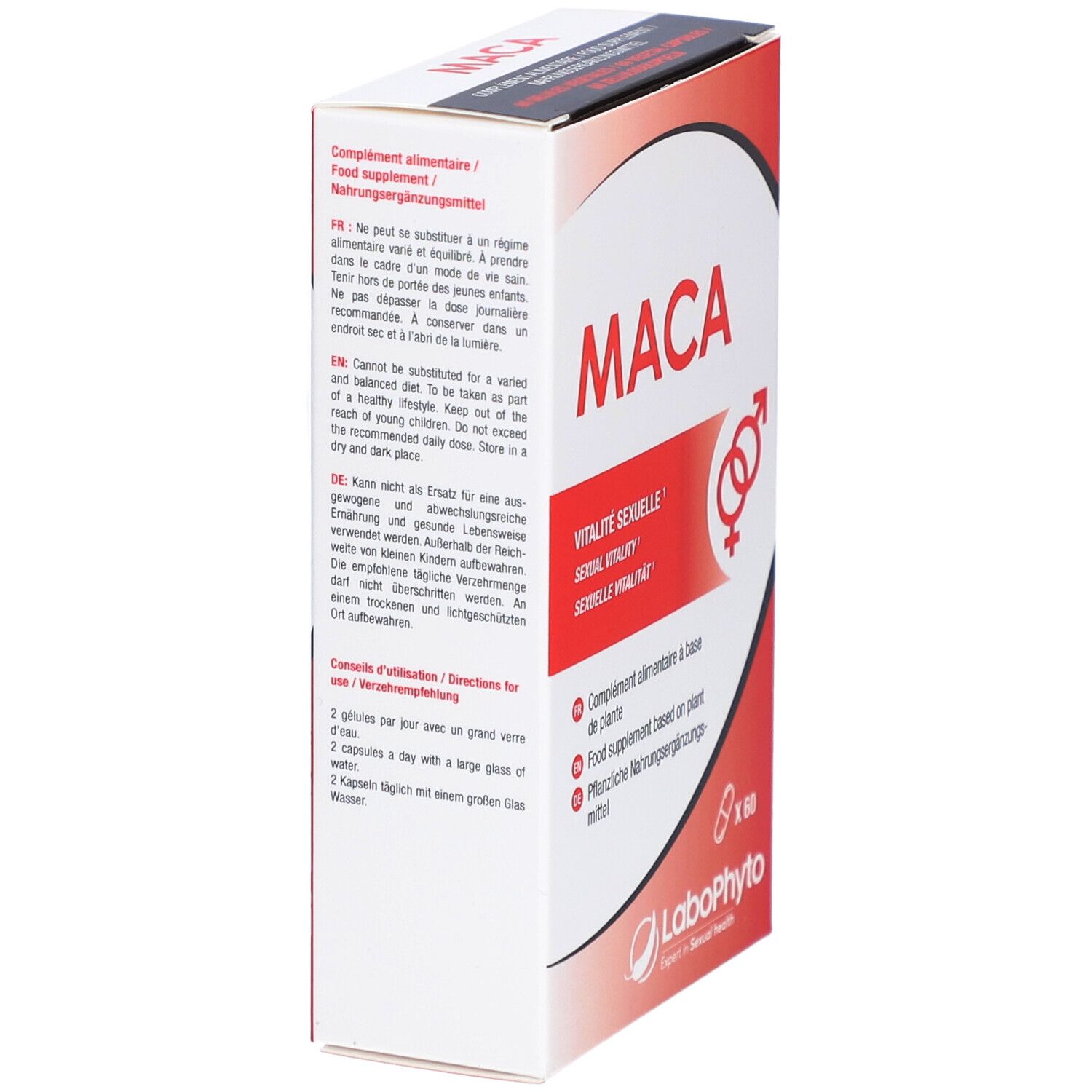 Boîte blanche et rouge. Inscription: MACA, Vitalité Sexuelle, Sexual Vitality, Sexuelle Vitalität. 60 gélules. Logo LaboPhyto. Vue latérale.