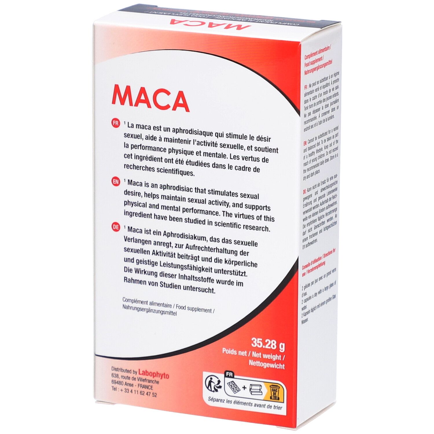 Boîte blanche et rouge. Inscription: MACA. Poids net 35,28 g. Logo LaboPhyto. Dos avec informations sur le contenu.