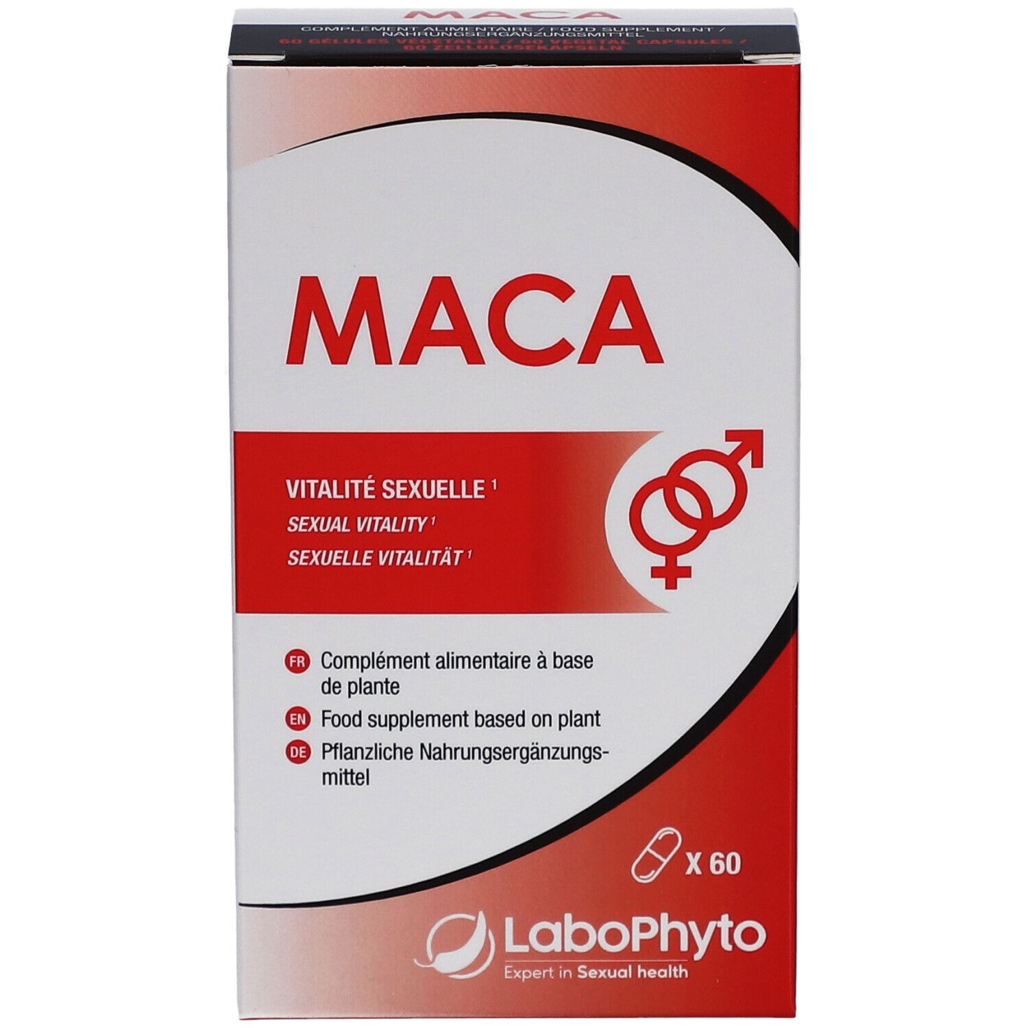 Boîte blanche et rouge. Inscription: MACA, Vitalité Sexuelle, Sexual Vitality, Sexuelle Vitalität. 60 gélules. Logo LaboPhyto.