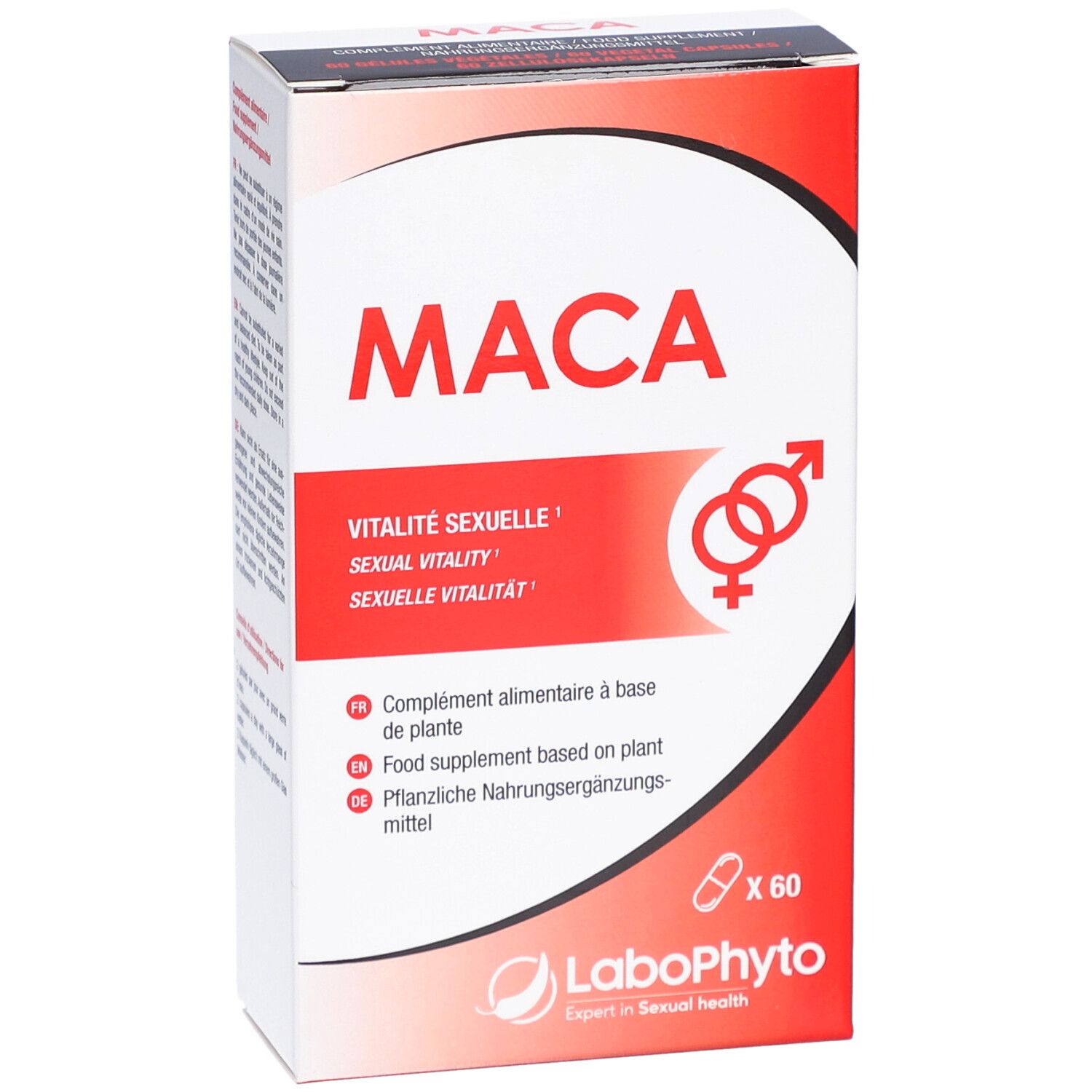 Boîte blanche et rouge. Inscription: MACA, Vitalité Sexuelle, Sexual Vitality, Sexuelle Vitalität. 60 gélules. Logo LaboPhyto.