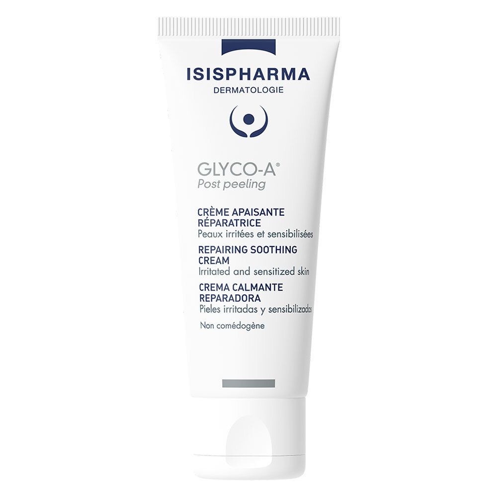 Tube blanc avec bouchon bleu. Inscription: ISISPHARMA, GLYCO-A Post peeling, Crème apaisante réparatrice, Repairing soothing cream.