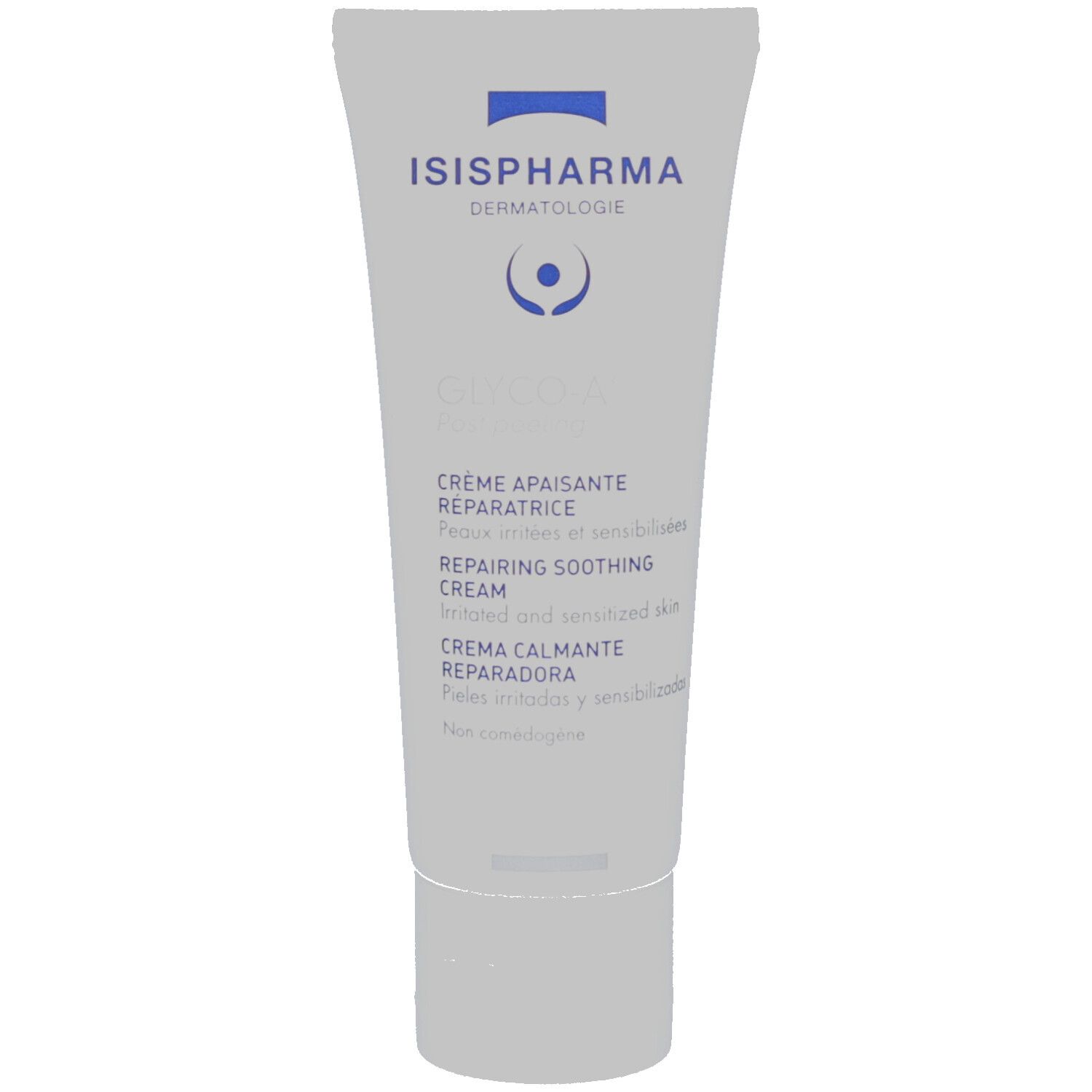 Tube blanc avec bouchon bleu. Inscription: ISISPHARMA, GLYCO-A Post peeling, Crème apaisante réparatrice, Repairing soothing cream.