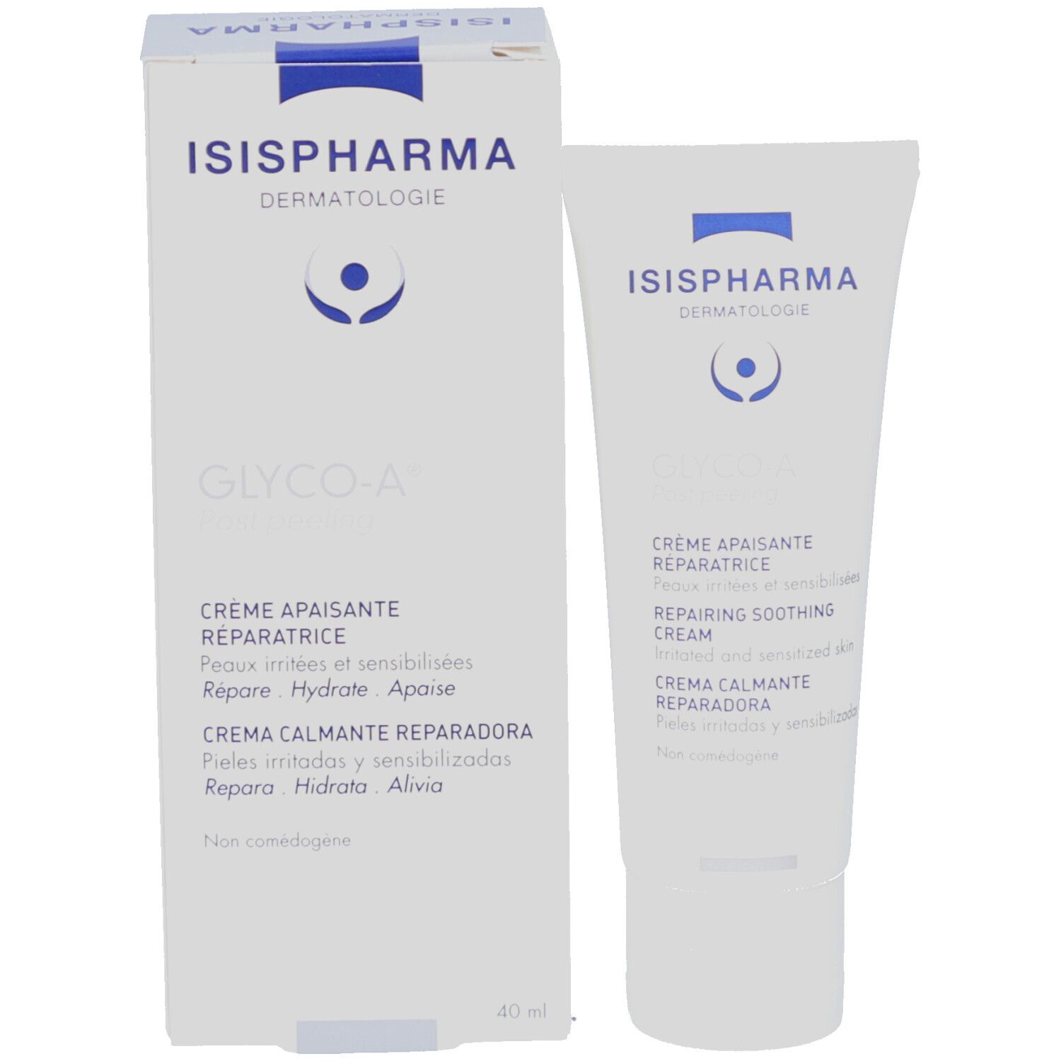 Emballage et tube. Inscription: ISISPHARMA, GLYCO-A Post peeling, Crème apaisante réparatrice, Repairing soothing cream. 40 ml.