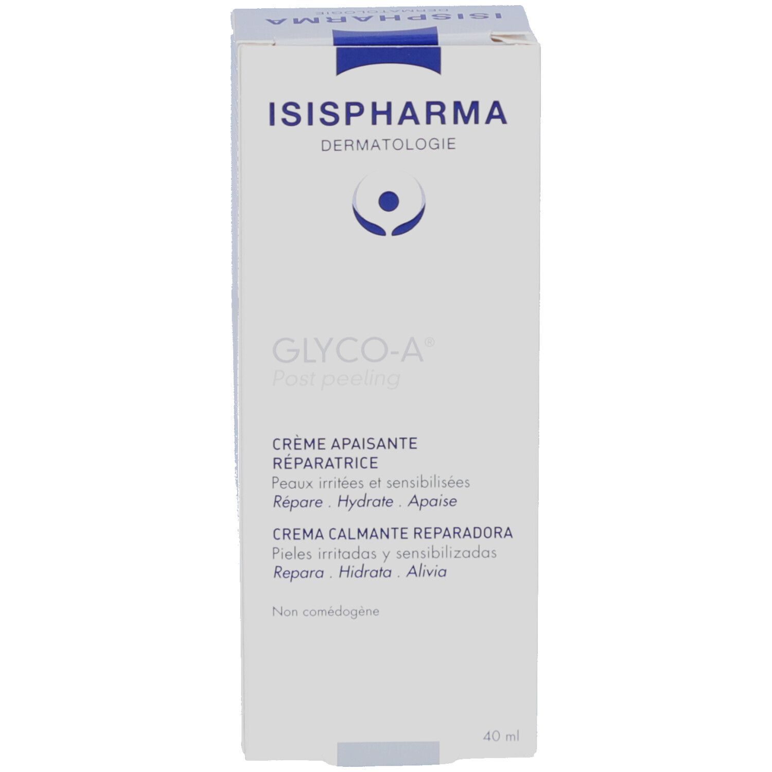 Emballage. Inscription: ISISPHARMA, GLYCO-A Post peeling, Crème apaisante réparatrice, Repairing soothing cream. 40 ml.