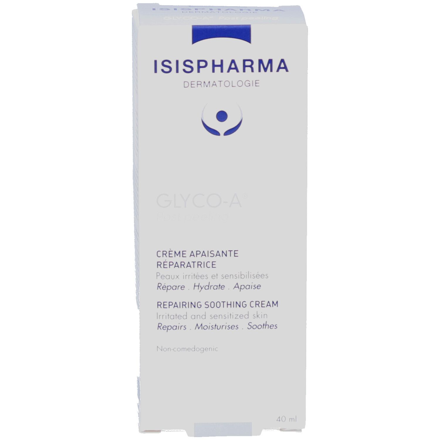 Emballage. Inscription: ISISPHARMA, GLYCO-A Post peeling, Crème apaisante réparatrice, Repairing soothing cream. 40 ml.