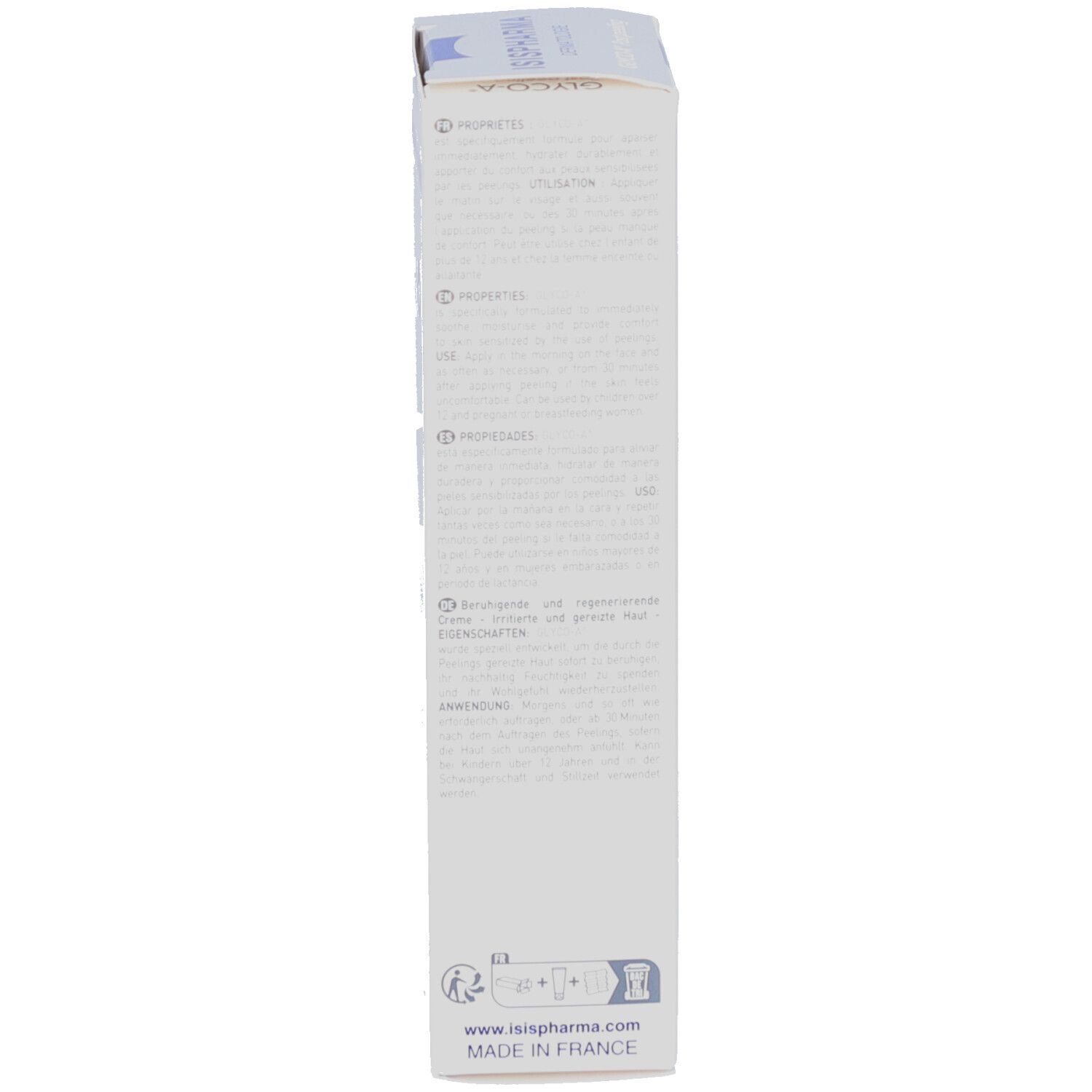 Côté de l'emballage. Inscription: ISISPHARMA, GLYCO-A Post peeling, Propriétés, Fabriqué en France.