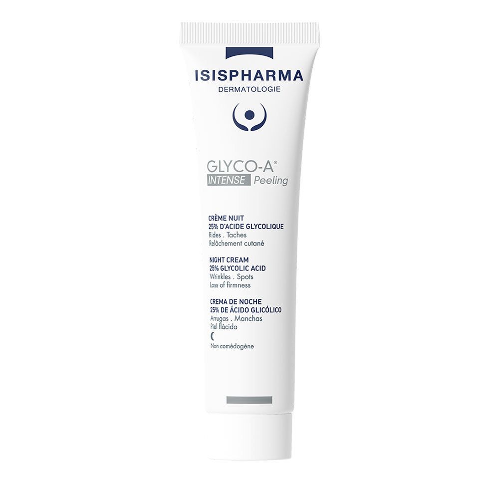 Weiße Tube mit ISISPHARMA-Logo und Produktnamen Glyco-A Intense Peeling. Text: 25% Glykolsäure, Nachtcreme.