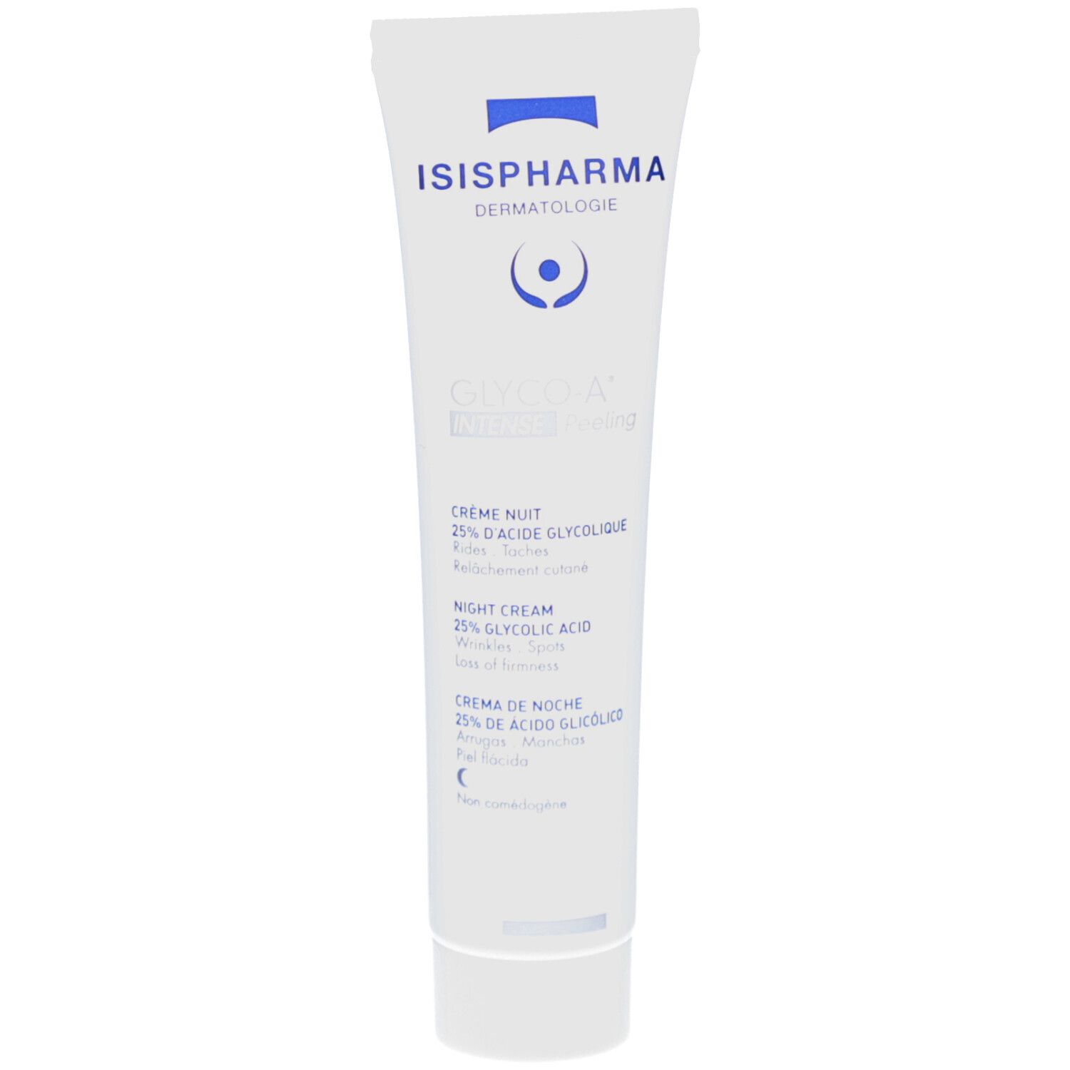 Weiße Tube mit ISISPHARMA-Logo und Produktnamen Glyco-A Intense Peeling. Text: 25% Glykolsäure, Nachtcreme.