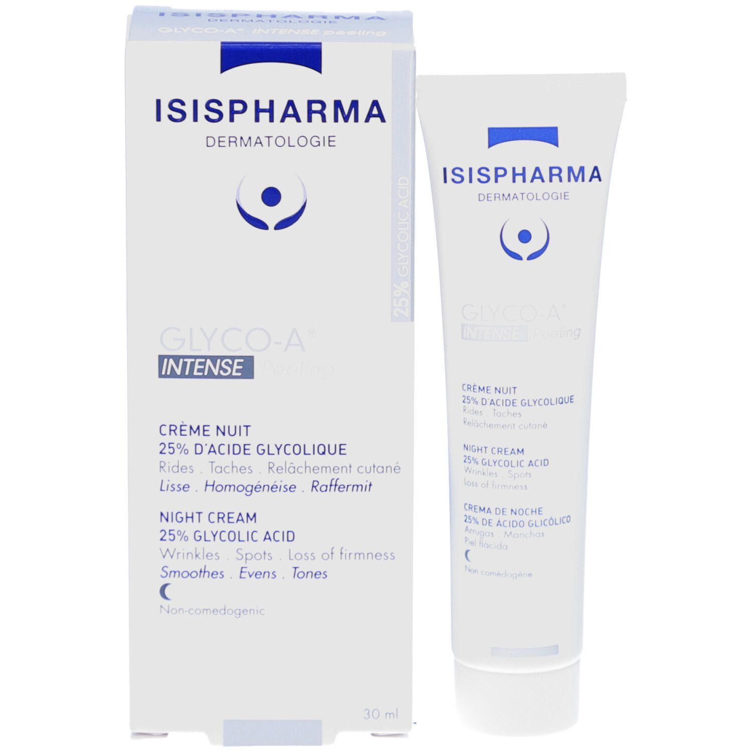 Produktverpackung und Tube. Weiße Schachtel mit ISISPHARMA und Glyco-A Intense. Tube daneben.