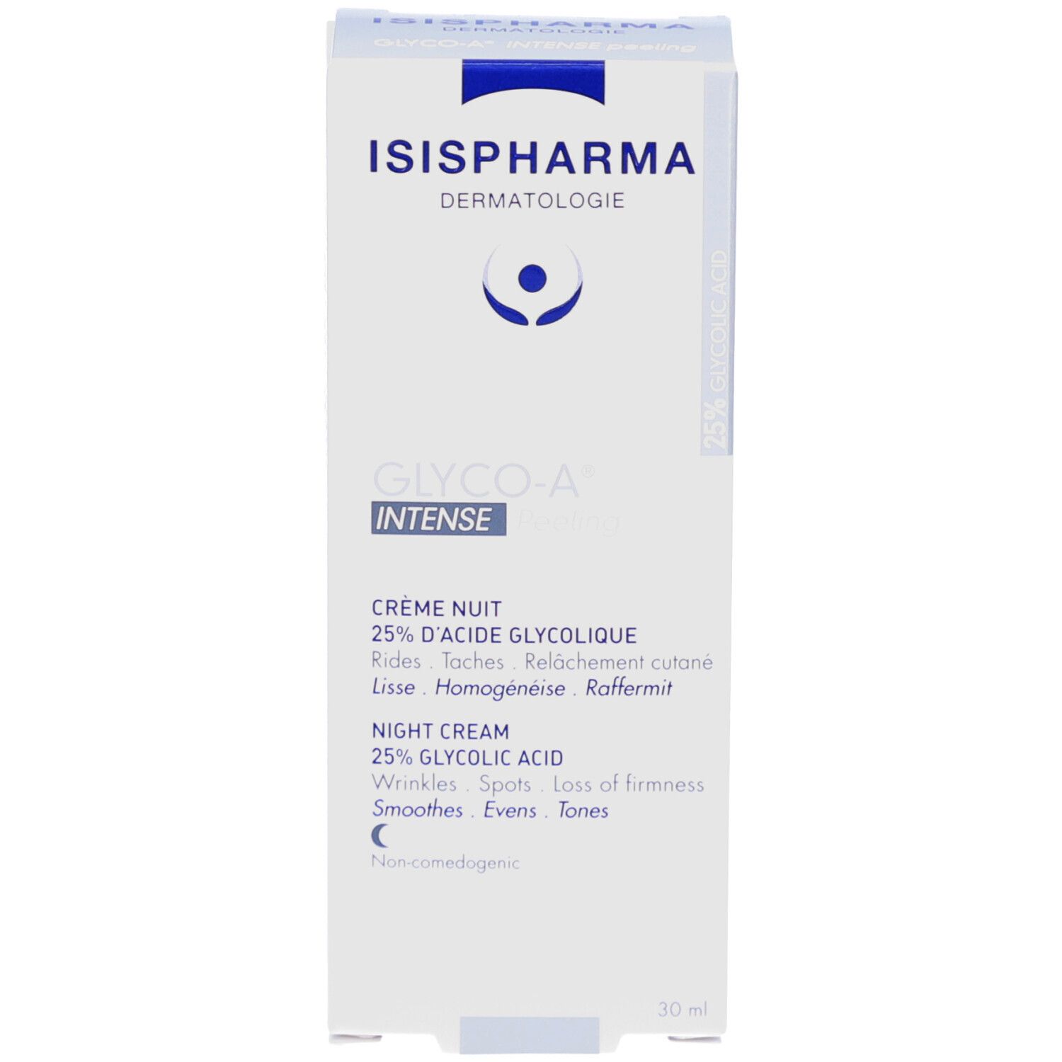 Weiße Schachtel mit ISISPHARMA und Glyco-A Intense. Text: 25% Glykolsäure, Nachtcreme.