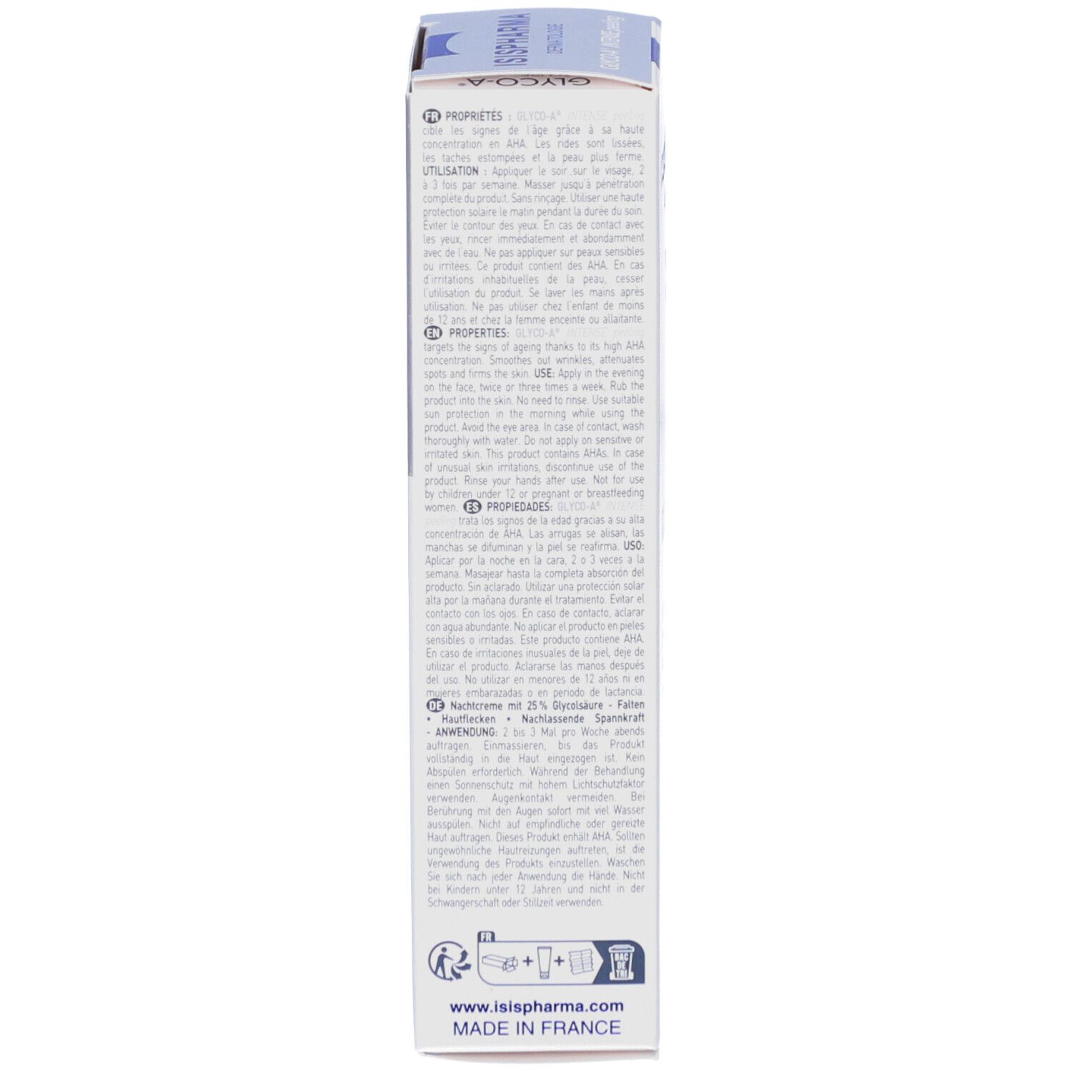 Seitenansicht der Produktverpackung. Text in mehreren Sprachen, darunter Anwendungshinweise und Inhaltsstoffe.