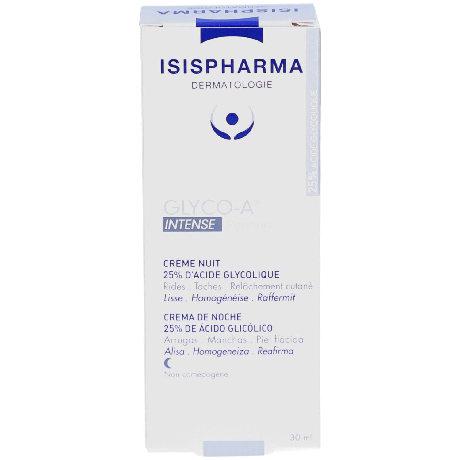 Weiße Schachtel mit ISISPHARMA und Glyco-A Intense. Text: 25% Glykolsäure, Nachtcreme.