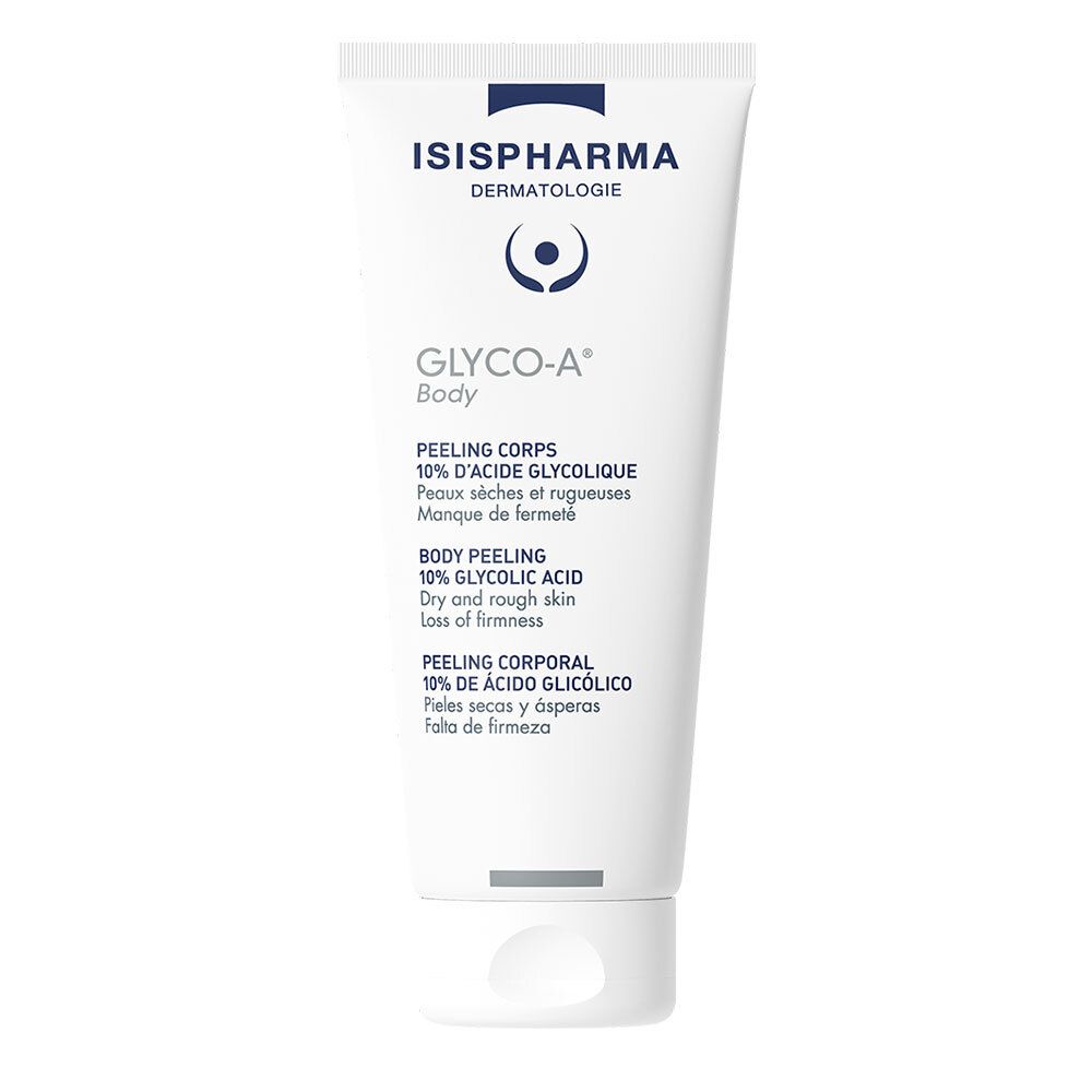 Tube blanc avec texte bleu. Contient Glyco-A Body. Texte: Peeling Corps, 10% acide glycolique. Fabricant: ISISPHARMA.