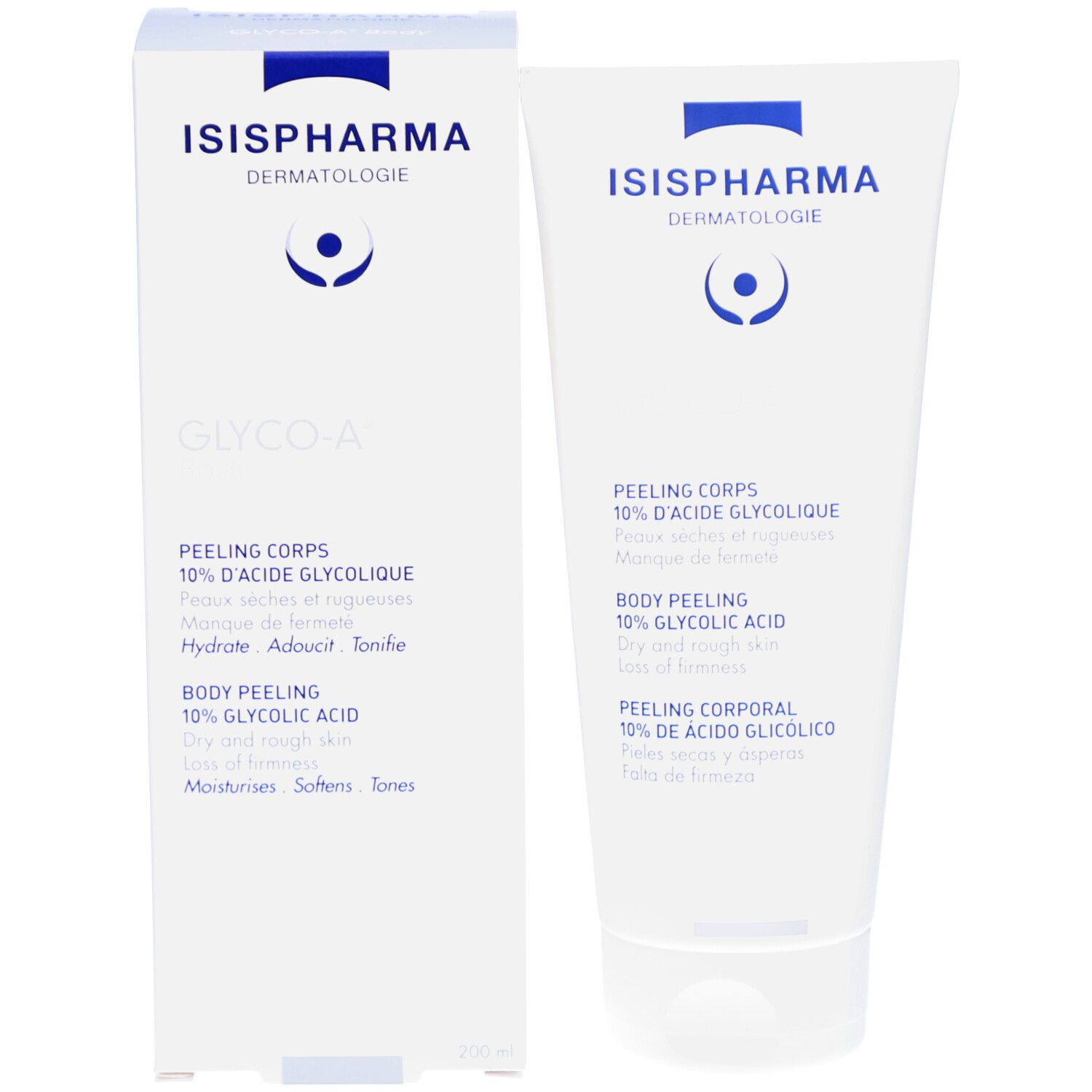 Produit et emballage. Tube et carton blancs. Texte: Glyco-A Body, Peeling Corps, 10% acide glycolique. Fabricant: ISISPHARMA.