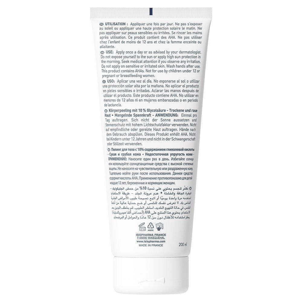 Dos du tube blanc. Texte multilingue. Informations fabricant et instructions d'utilisation. Volume: 200 ml.