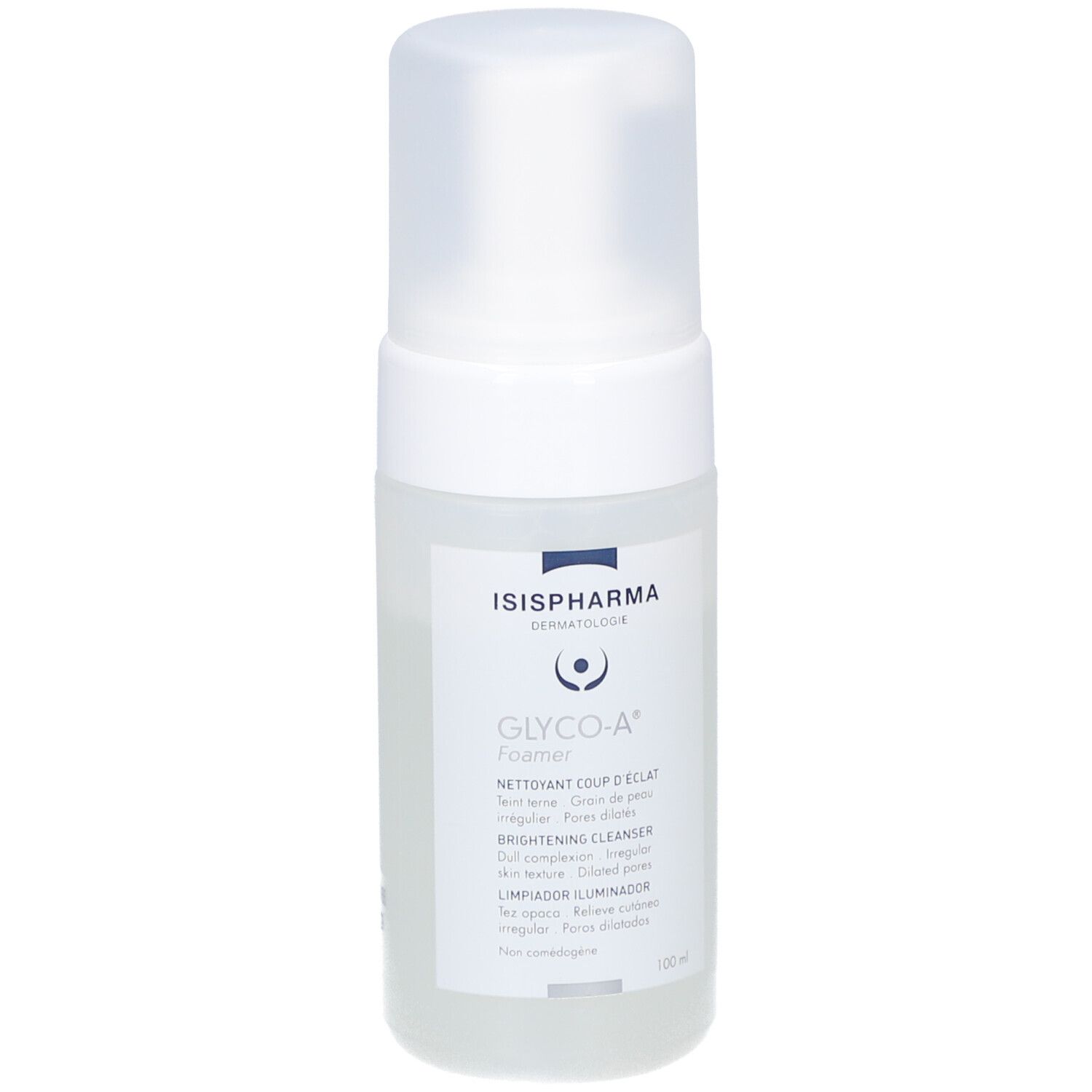 Flacon blanc avec pompe. Inscriptions: ISISPHARMA, GLYCO-A Foamer, Brightening Cleanser. 100 ml.