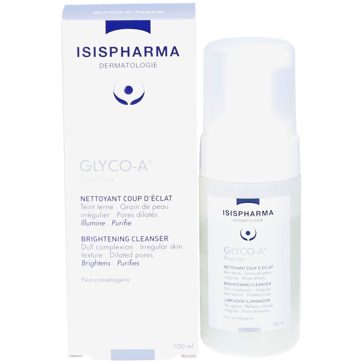 Flacon et emballage. Inscriptions: ISISPHARMA, GLYCO-A Foamer, Brightening Cleanser. 100 ml.