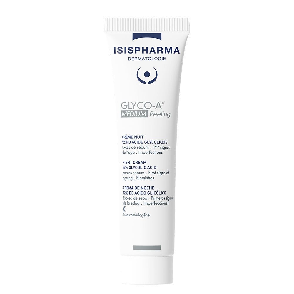 Weiße Tube mit blauer Schrift. ISISPHARMA, GLYCO-A MEDIUM Peeling. Nachtcreme mit 12% Glykolsäure. Dermatologische Pflege.