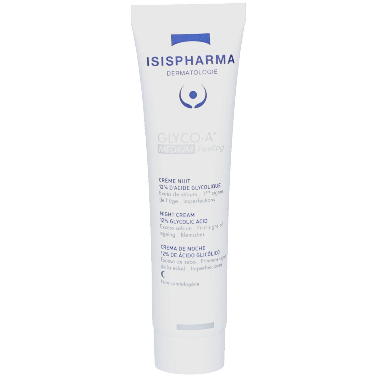 Weiße Tube mit blauer Schrift. ISISPHARMA, GLYCO-A MEDIUM Peeling. Nachtcreme mit 12% Glykolsäure. Dermatologische Pflege.