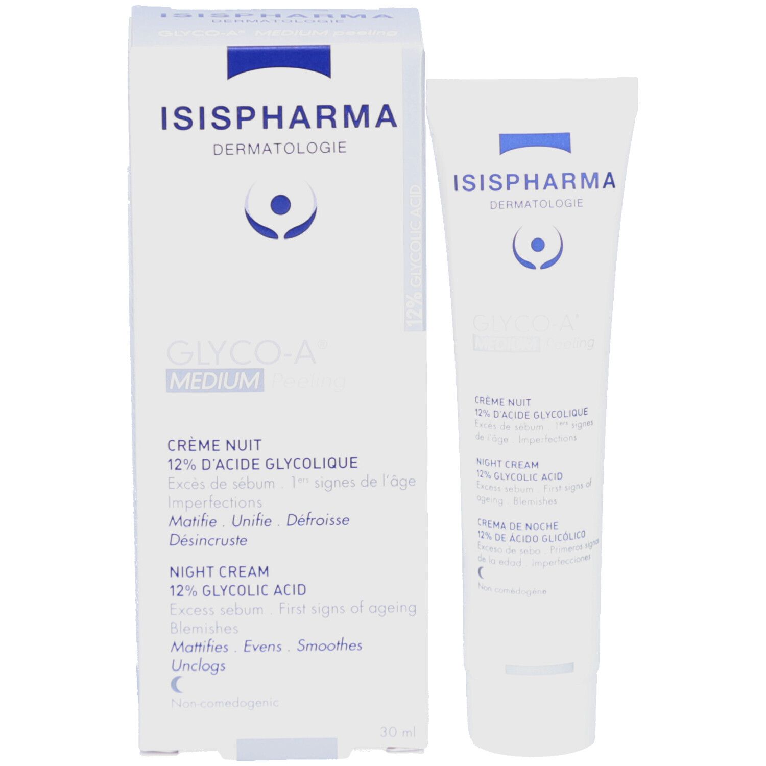 Produktverpackung und Tube. Weiße Schachtel und Tube. ISISPHARMA, GLYCO-A MEDIUM. Nachtcreme mit 12% Glykolsäure.