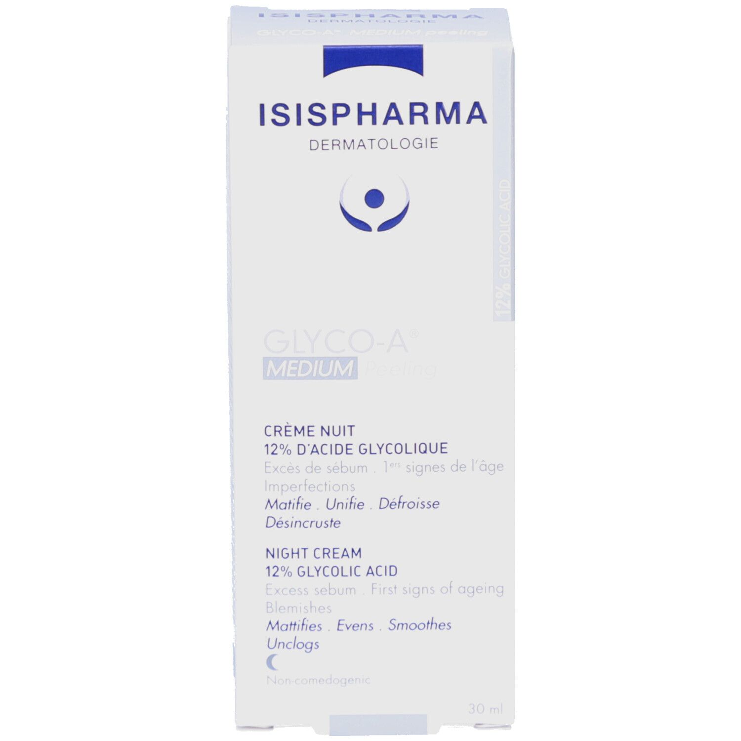 Produktverpackung. Weiße Schachtel. ISISPHARMA, GLYCO-A MEDIUM. Nachtcreme mit 12% Glykolsäure. Dermatologische Pflege.