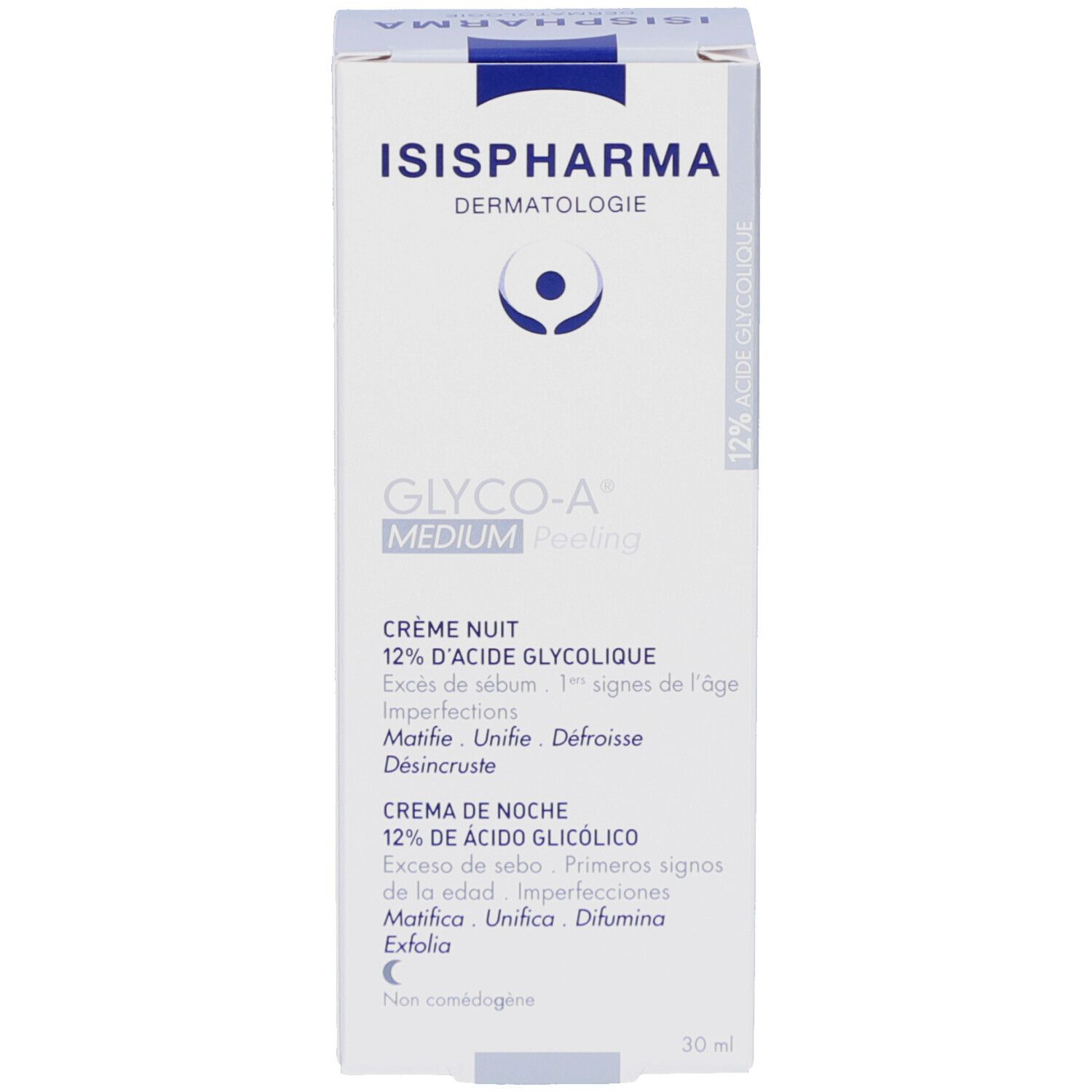 Produktverpackung. Weiße Schachtel. ISISPHARMA, GLYCO-A MEDIUM Peeling. Nachtcreme mit 12% Glykolsäure.