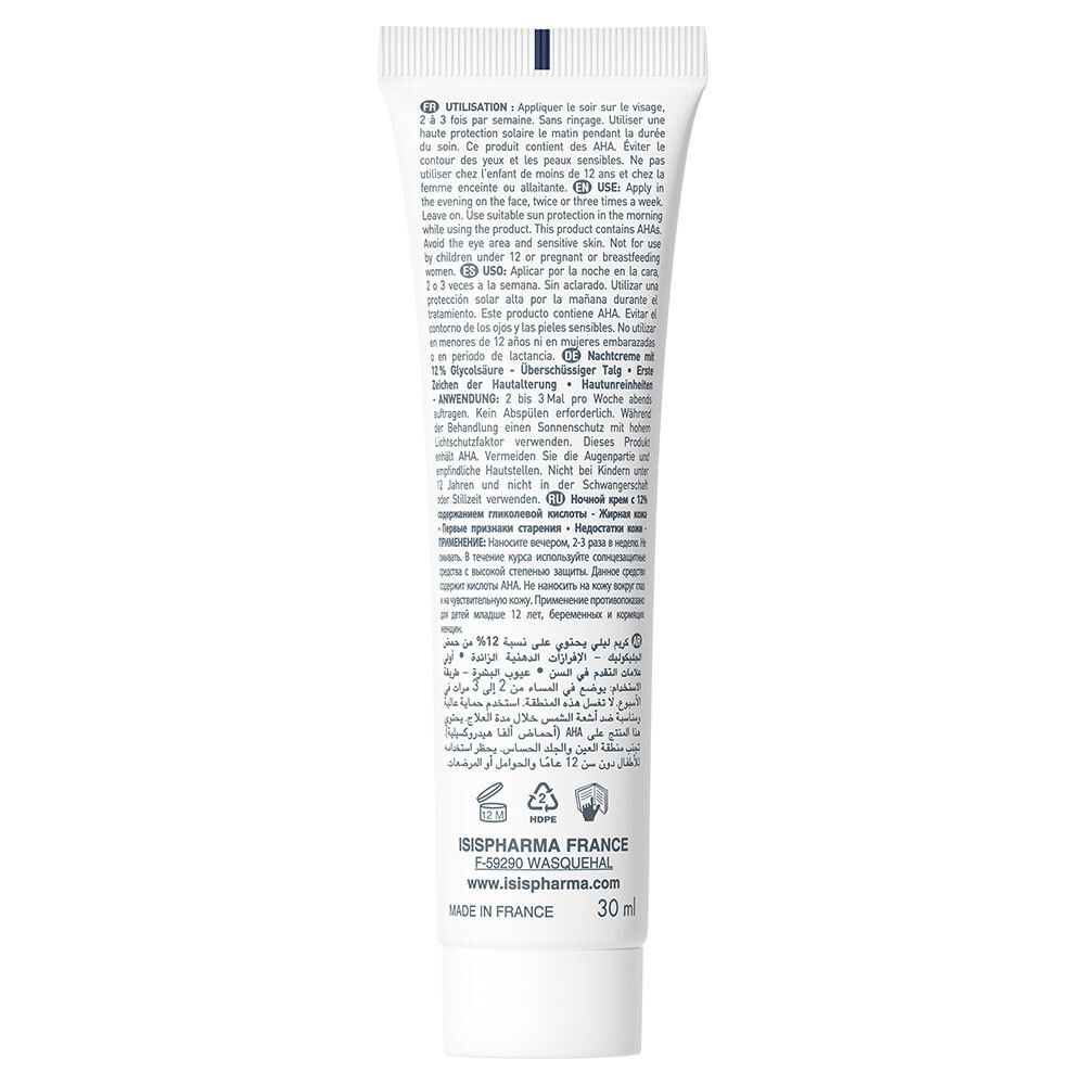 Rückseite der weißen Tube. Text in mehreren Sprachen. ISISPHARMA, 30ml. Hergestellt in Frankreich. Anwendungshinweise.