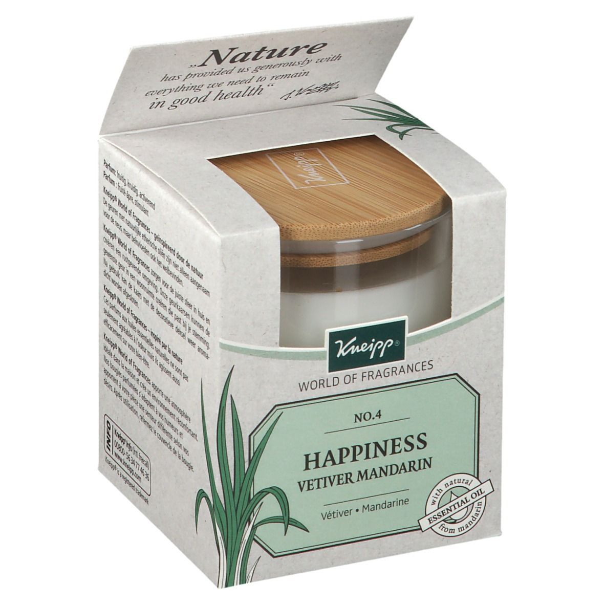 Kartonverpackung mit Kerze. Aufschrift: Happiness Vetiver Mandarin. Mit Holzdeckel. Kneipp-Logo.