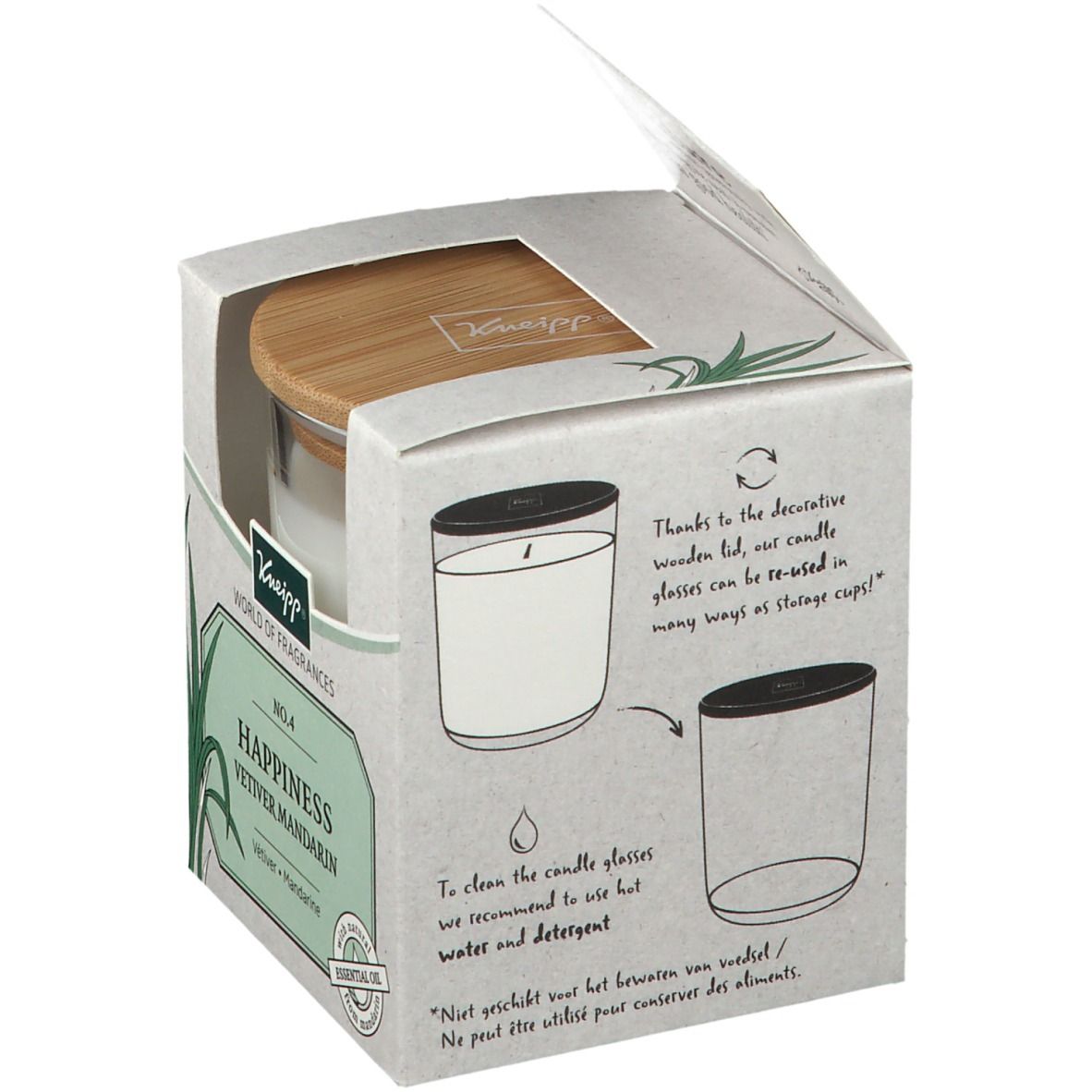 Kartonverpackung mit Kerze und Holzdeckel. Illustrationen zur Wiederverwendung des Glases. Kneipp-Logo.