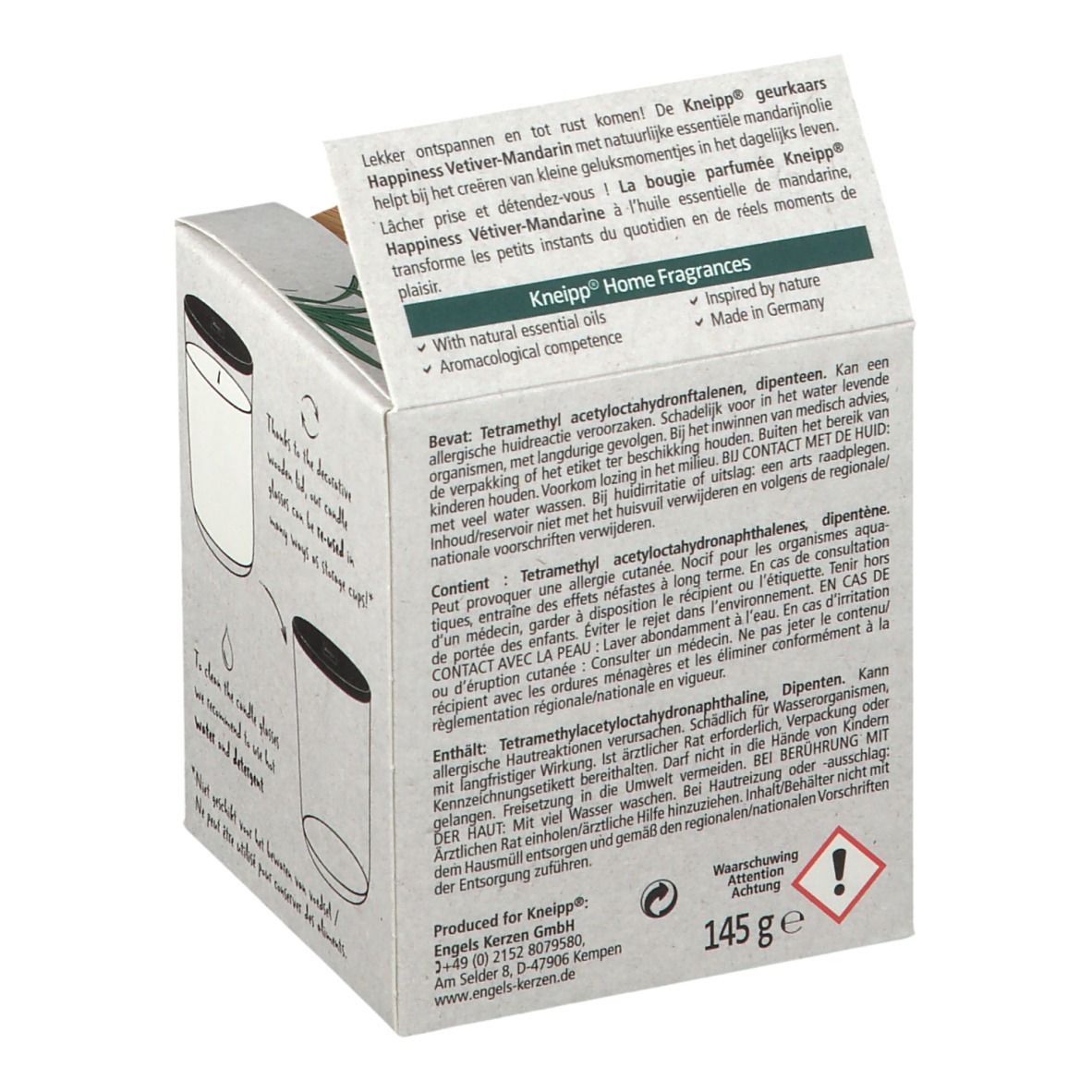 Rückseite der Kartonverpackung. Textinformationen. Warnhinweis. Gewicht: 145 g.