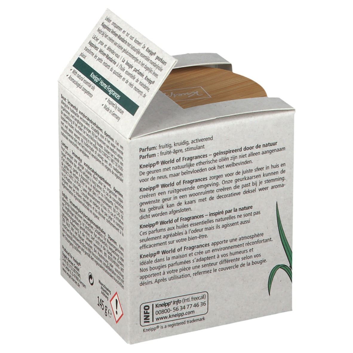 Kartonverpackung mit Textinformationen. Kneipp-Logo. Warnhinweis. Gewicht: 145 g.