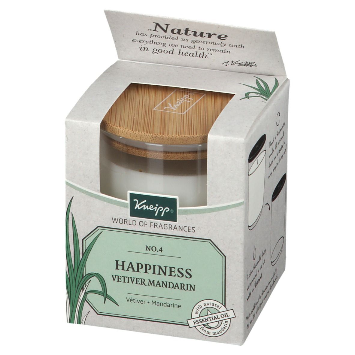 Kartonverpackung mit Kerze. Aufschrift: Happiness Vetiver Mandarin. Mit Holzdeckel. Kneipp-Logo.