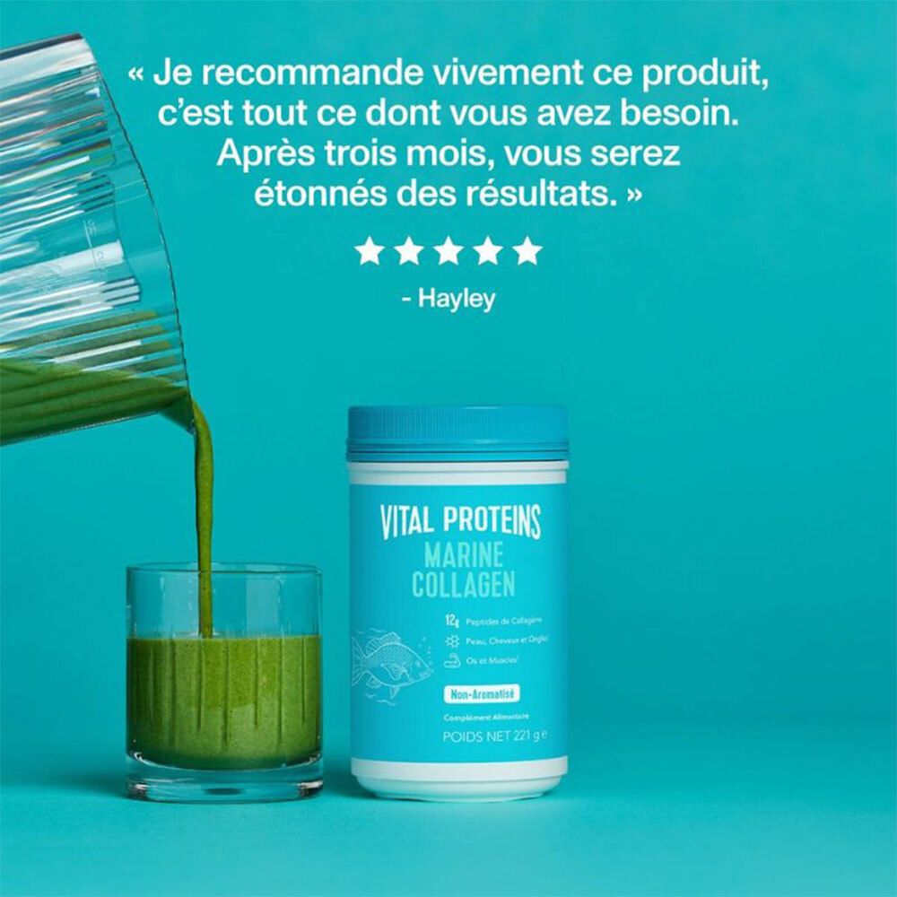 Grüner Smoothie wird in Glas gegossen. Dose: VITAL PROTEINS MARINE COLLAGEN. Zitat: Hayley. Sterne-Bewertung.