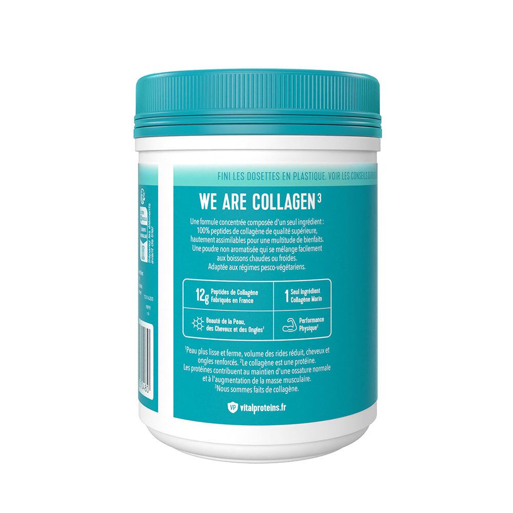 Rückseite der Dose. Aufschrift: WE ARE COLLAGEN. 12g Kollagenpeptide. Für Haut, Haare, Nägel. Für körperliche Leistungsfähigkeit.