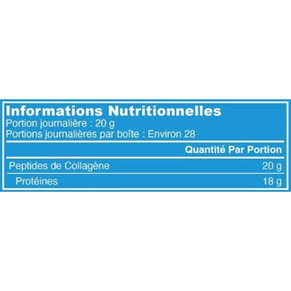 Nährwertangaben. Pro Portion: 20 g Kollagenpeptide, 18 g Proteine. Pro Packung: ca. 28 Portionen.