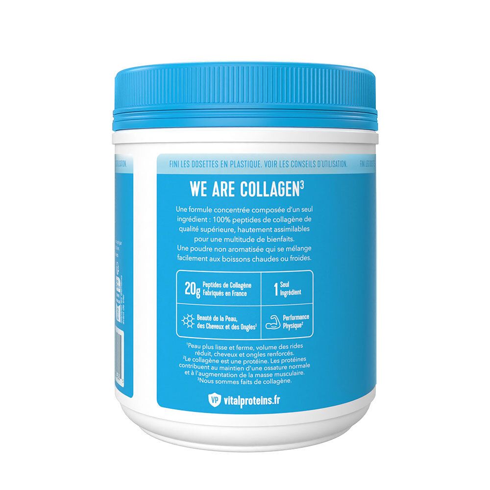 Rückseite der Dose. Text: WE ARE COLLAGEN. 20g Peptide, 1 Inhaltsstoff. Haut, Haare, Nägel. Körperliche Leistungsfähigkeit. vitalproteins.fr